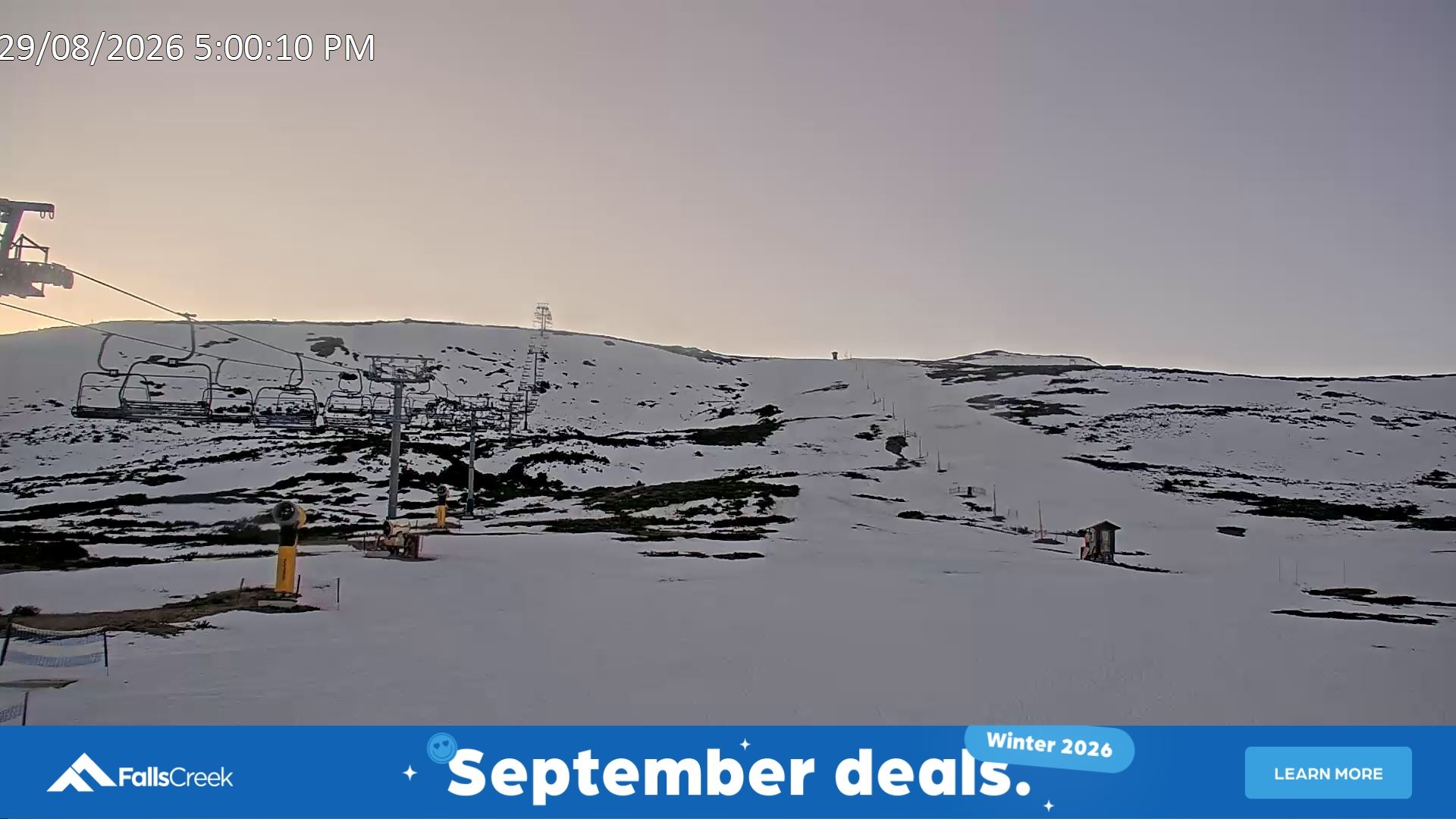 Falls Creek Ruined Castle snow cam captured at 29 August 2026 at 5:11 pm AEST