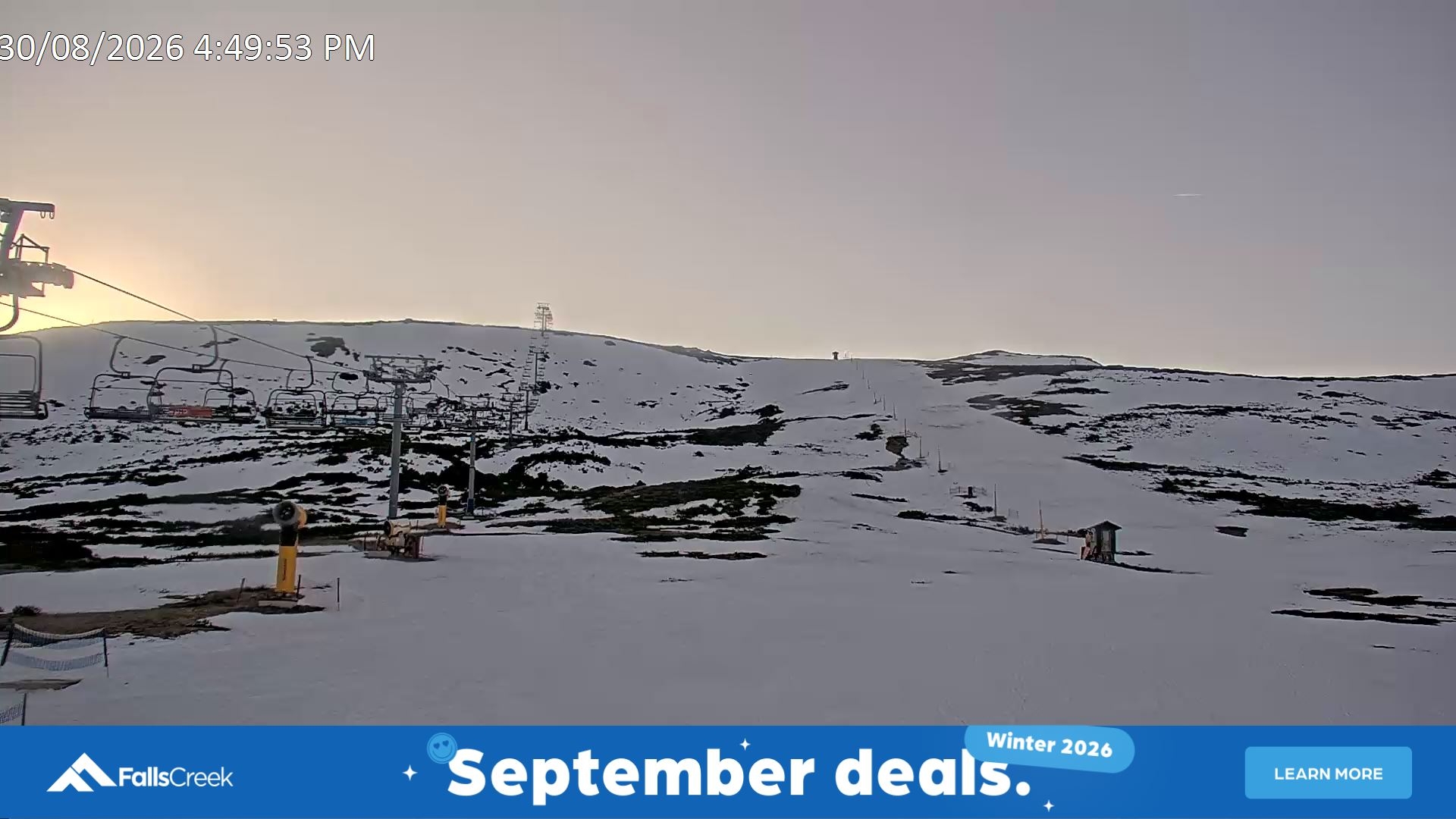 Falls Creek Ruined Castle snow cam captured at 30 August 2026 at 5:01 pm AEST