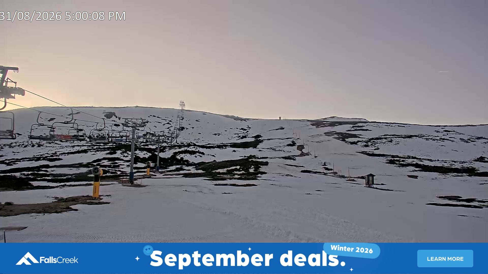 Falls Creek Ruined Castle snow cam captured at 31 August 2026 at 5:13 pm AEST