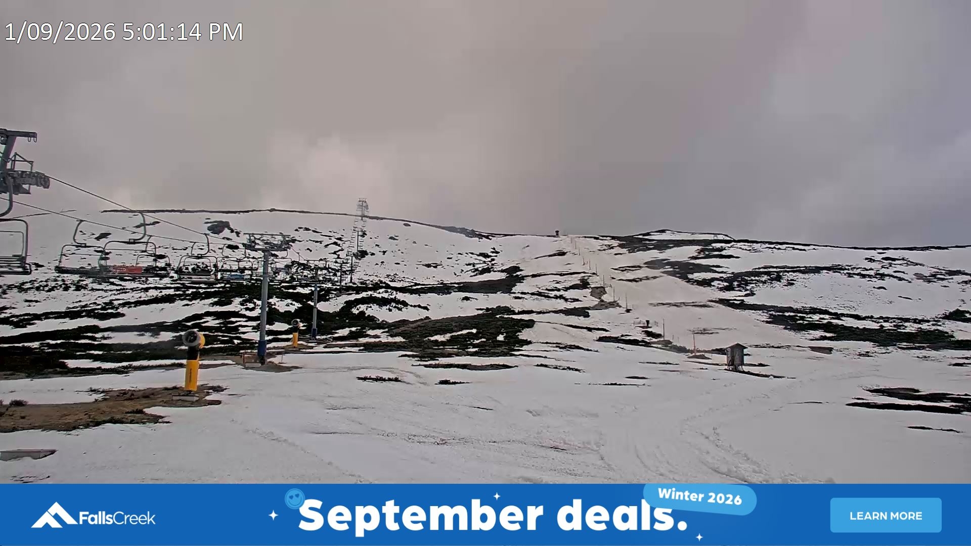 Falls Creek Ruined Castle snow cam captured at 1 September 2026 at 5:41 pm AEST