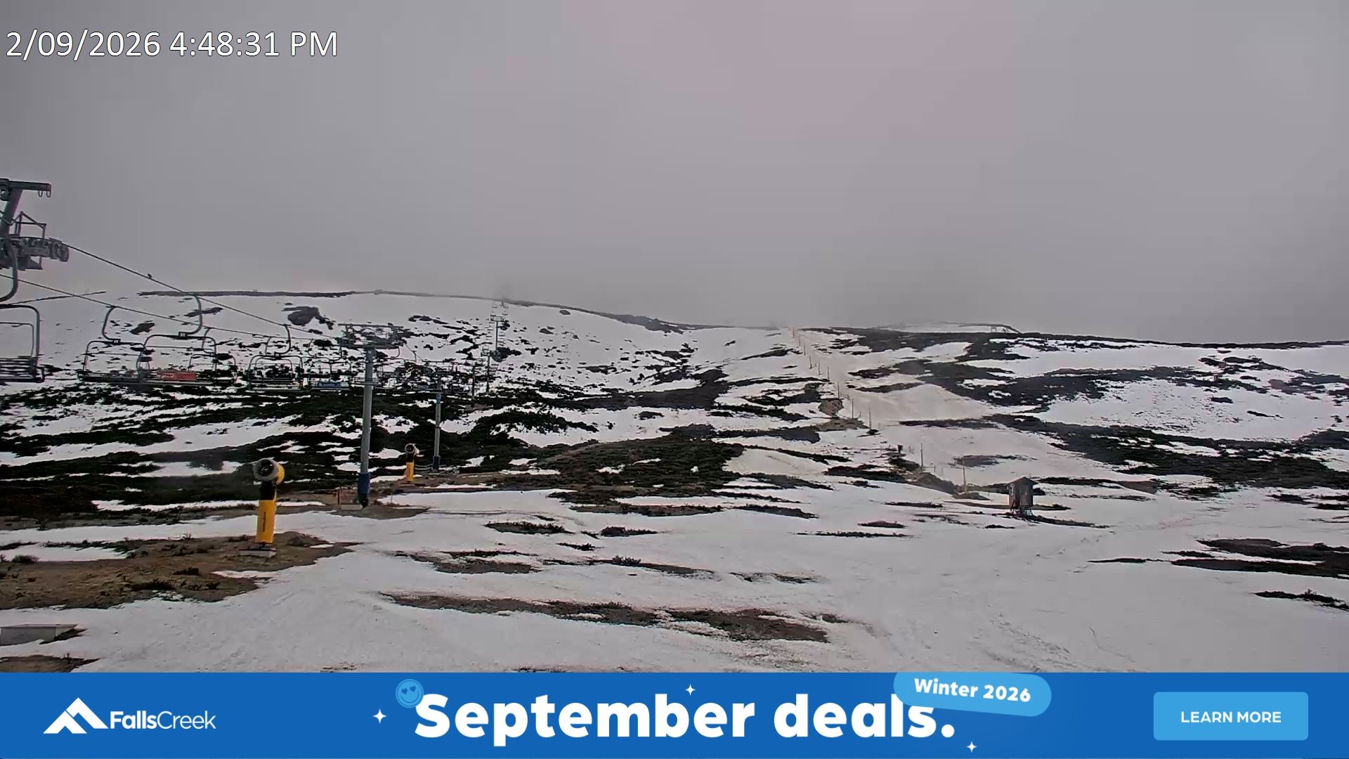 Falls Creek Ruined Castle snow cam captured at 2 September 2026 at 4:58 pm AEST