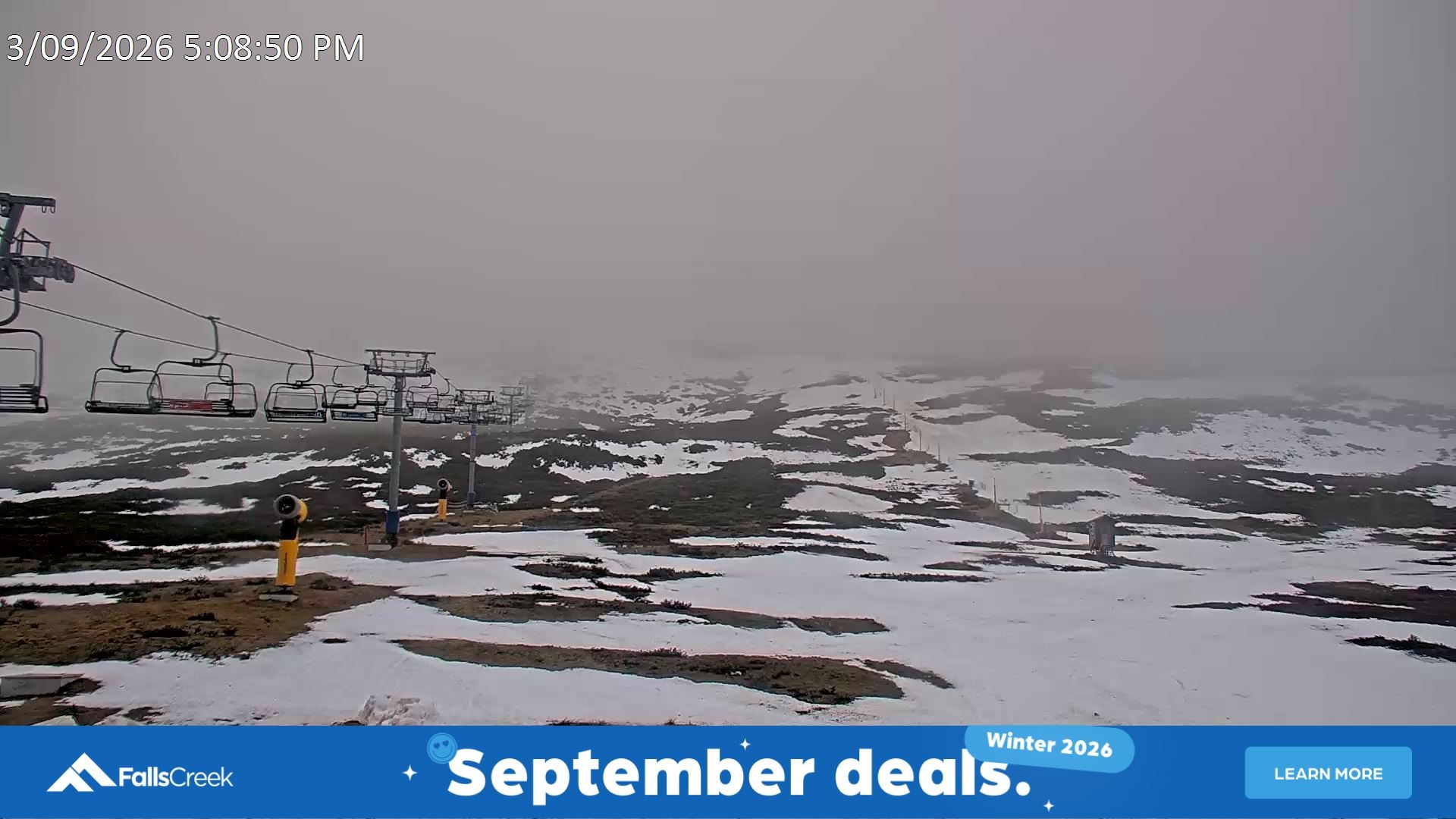 Falls Creek Ruined Castle snow cam captured at 3 September 2026 at 5:14 pm AEST