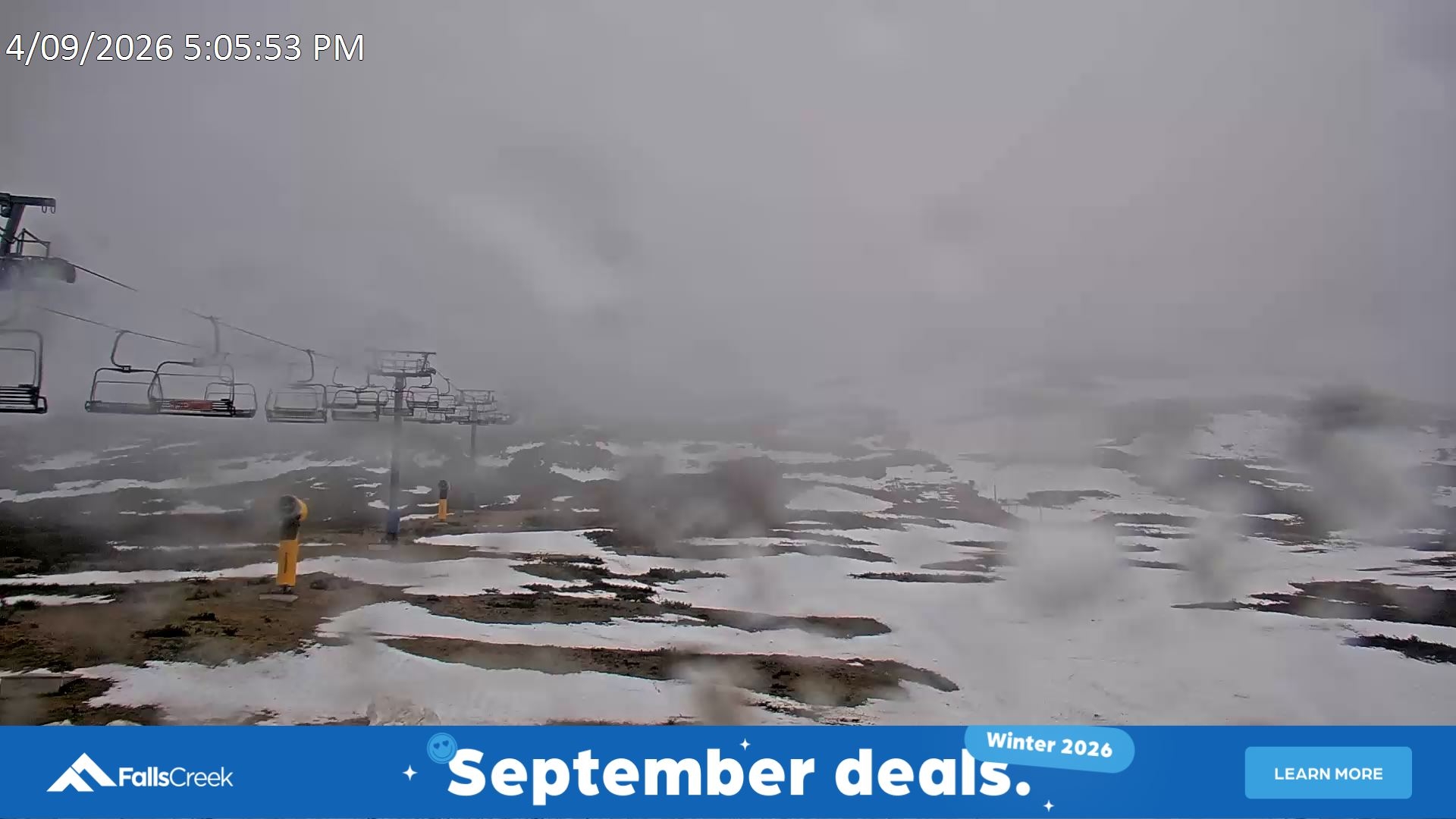 Falls Creek Ruined Castle snow cam captured at 4 September 2026 at 5:19 pm AEST