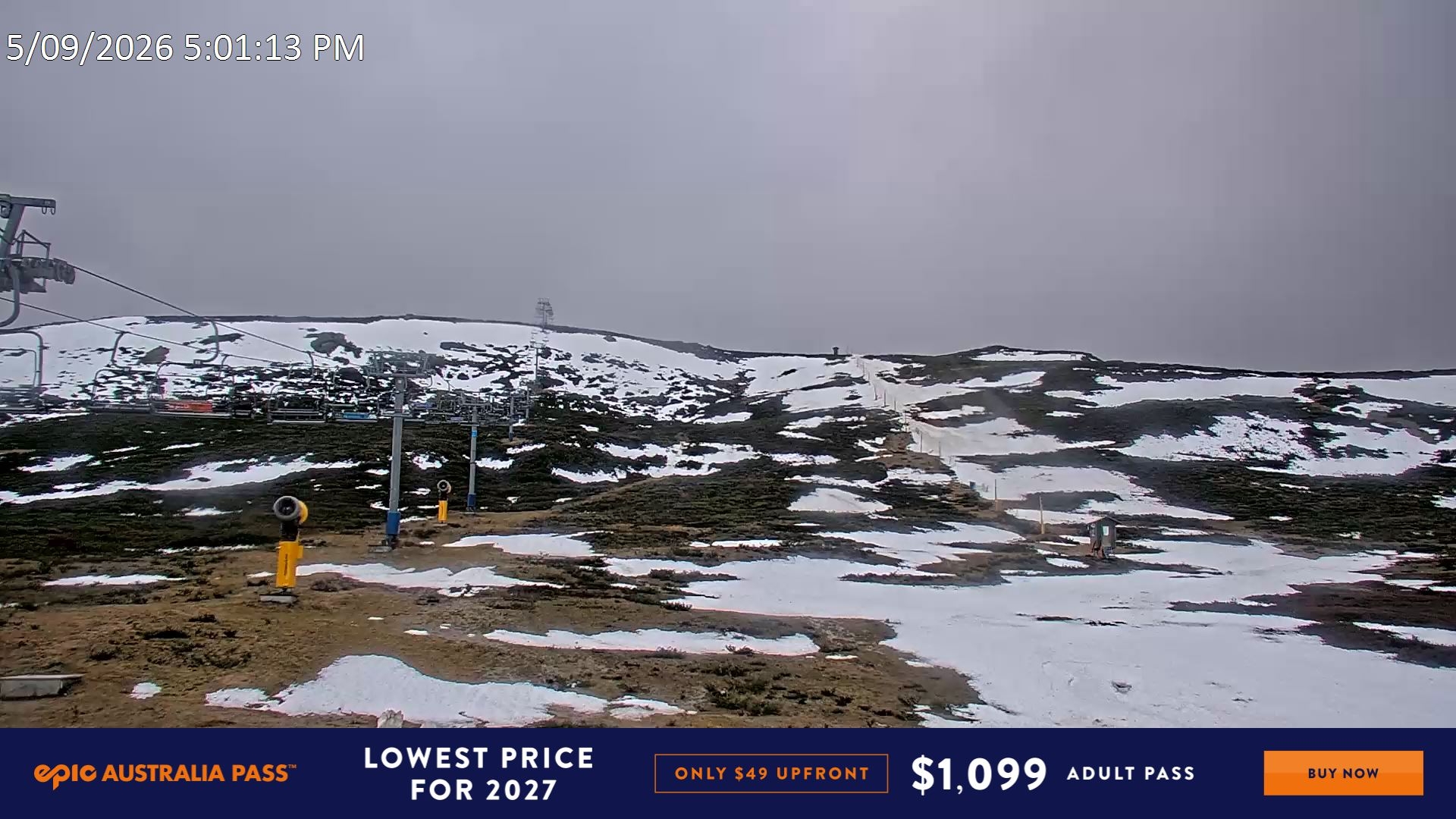 Falls Creek Ruined Castle snow cam captured at 5 September 2026 at 5:14 pm AEST
