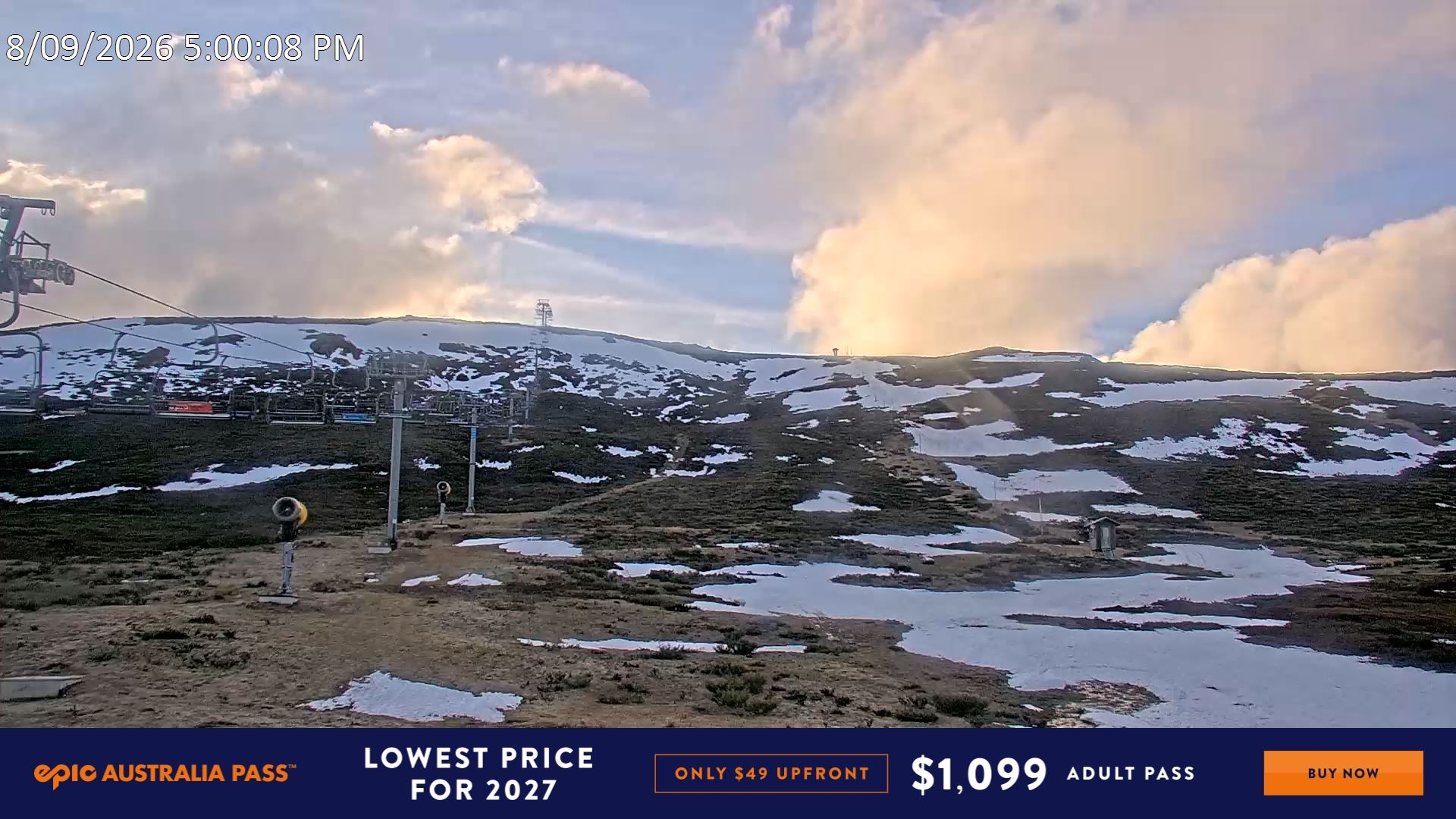 Falls Creek Ruined Castle snow cam captured at 8 September 2026 at 5:10 pm AEST