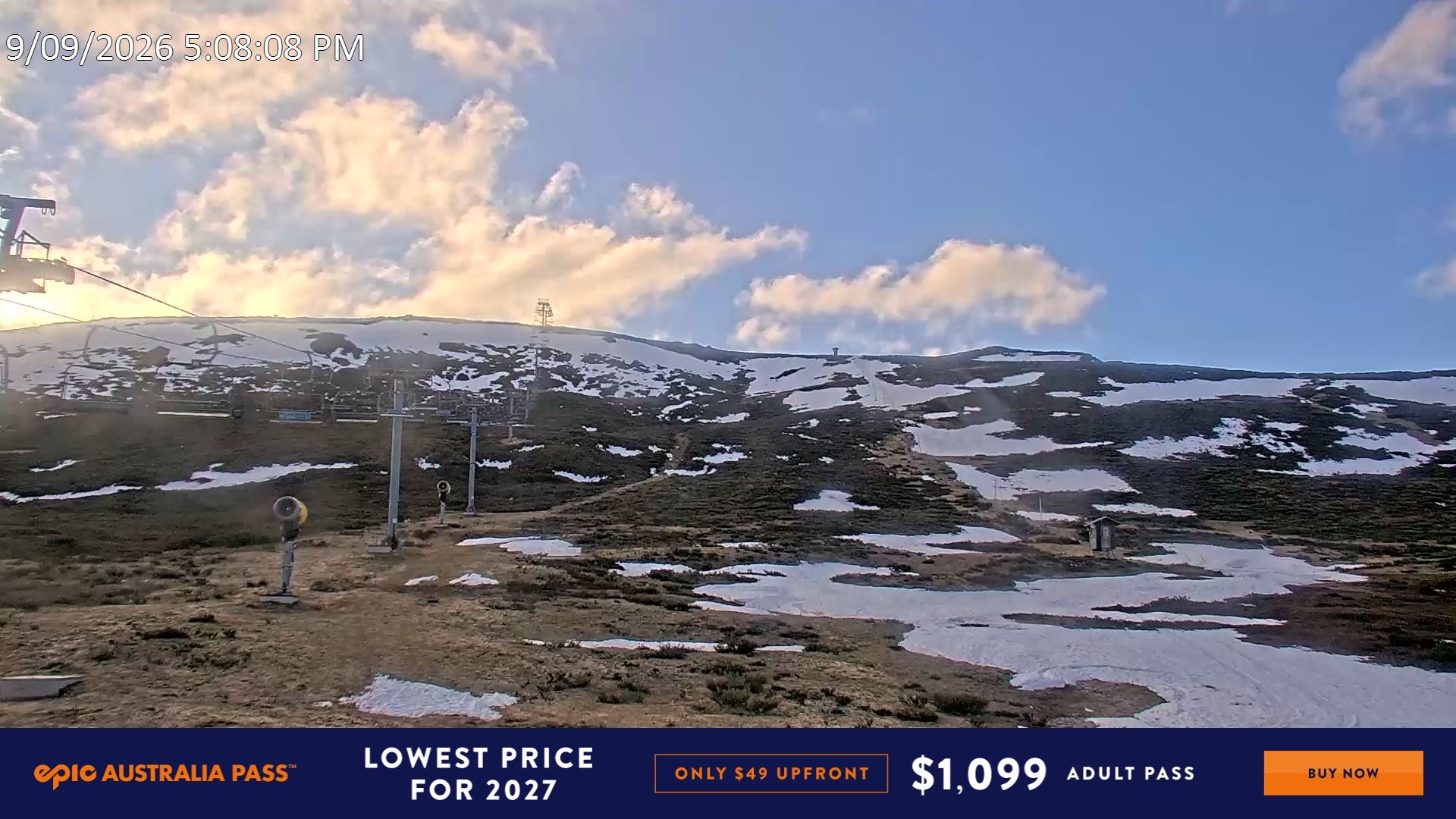 Falls Creek Ruined Castle snow cam captured at 9 September 2026 at 5:19 pm AEST