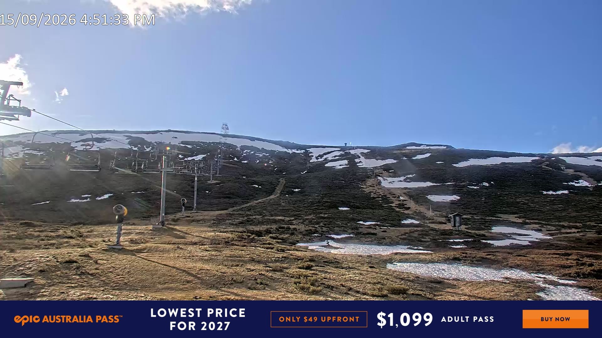 Falls Creek Ruined Castle snow cam captured at 15 September 2026 at 5:04 pm AEST