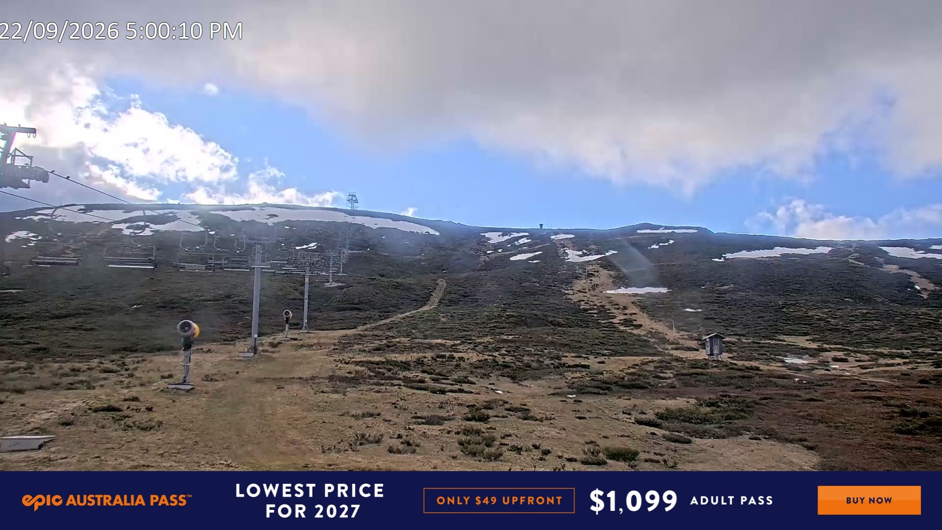 Falls Creek Ruined Castle snow cam captured at 22 September 2026 at 5:14 pm AEST