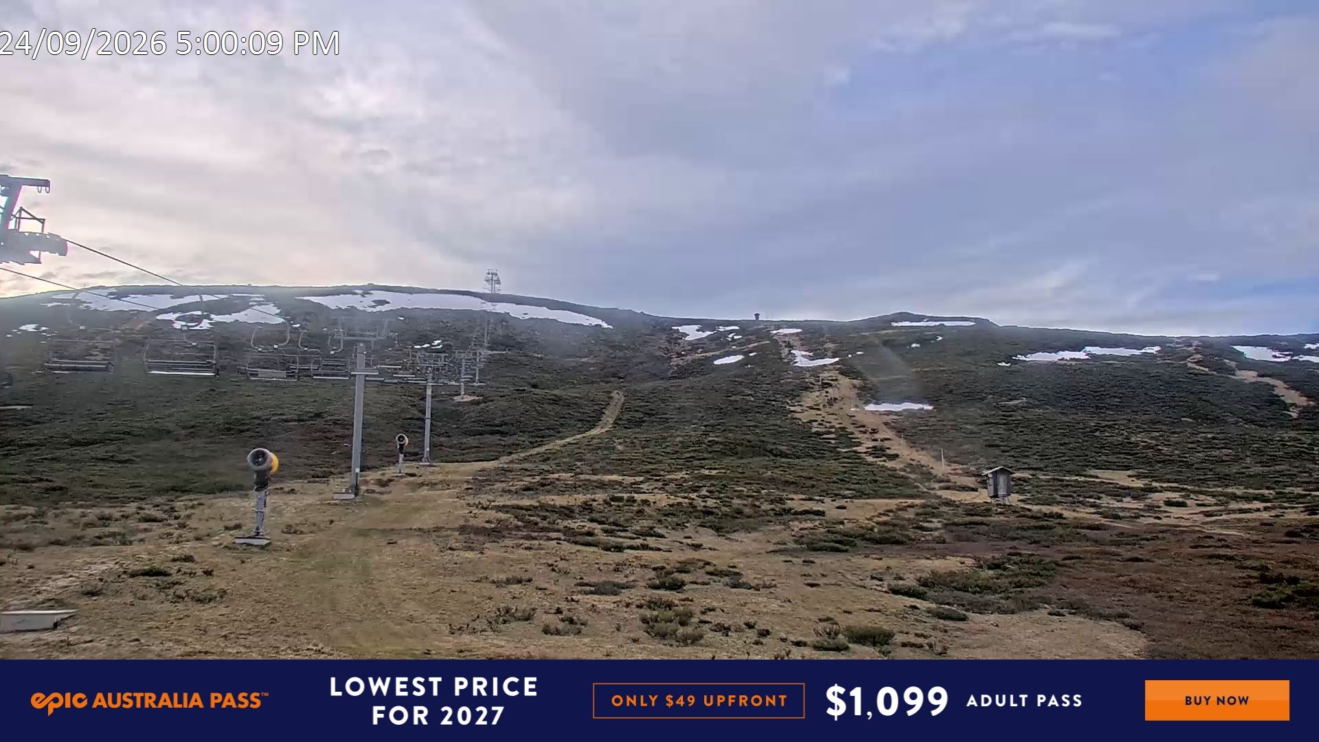 Falls Creek Ruined Castle snow cam captured at 24 September 2026 at 5:16 pm AEST