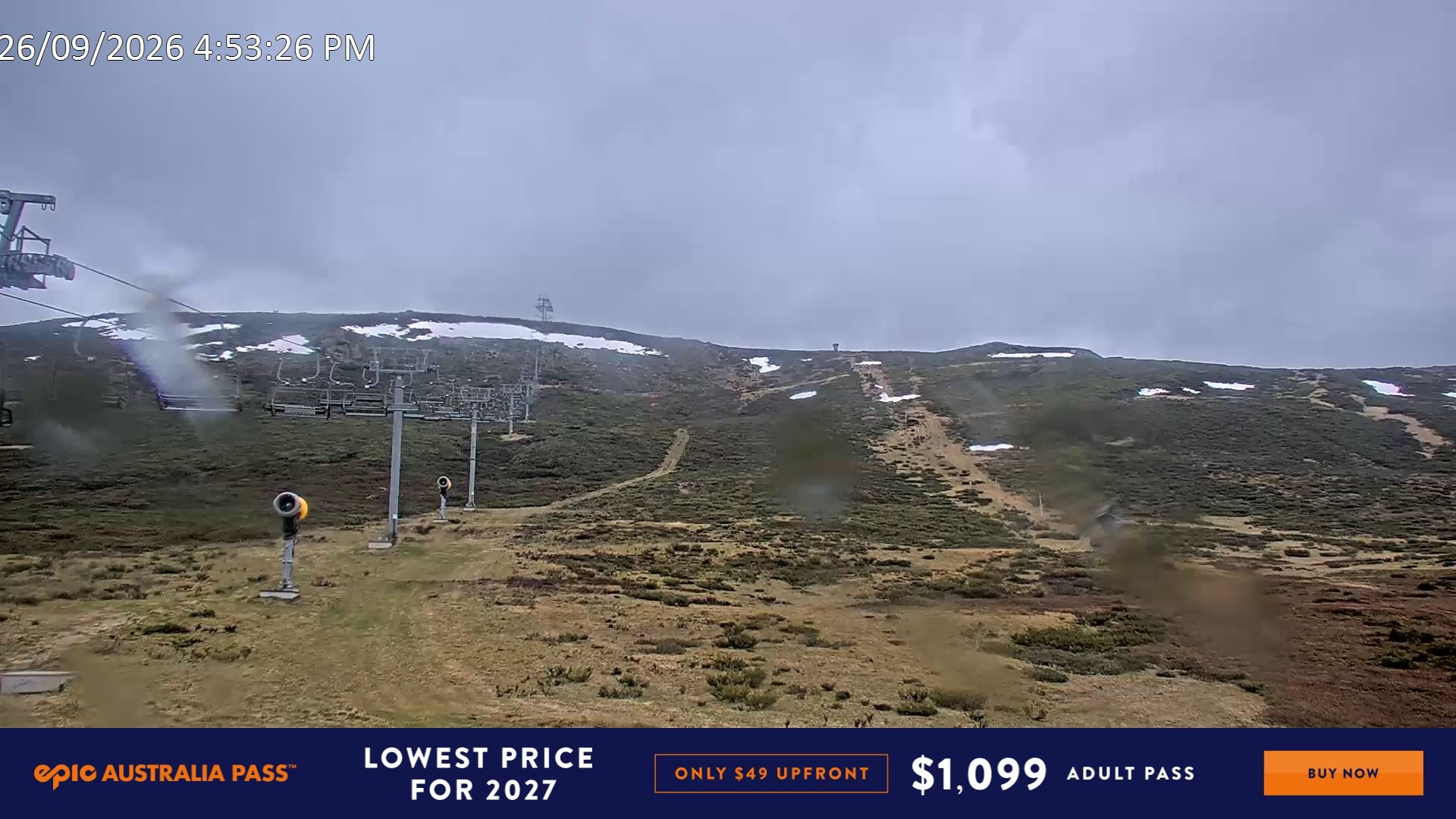 Falls Creek Ruined Castle snow cam captured at 26 September 2026 at 5:01 pm AEST