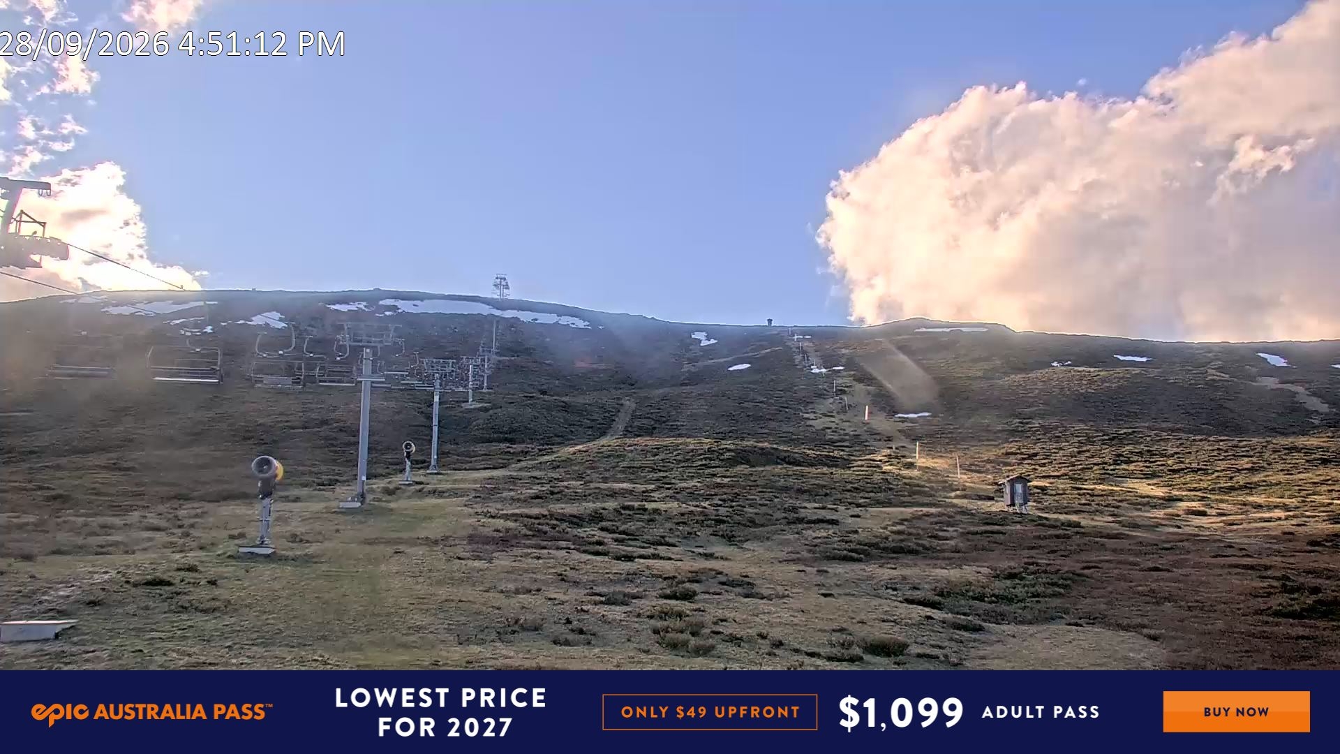 Falls Creek Ruined Castle snow cam captured at 28 September 2026 at 5:08 pm AEST