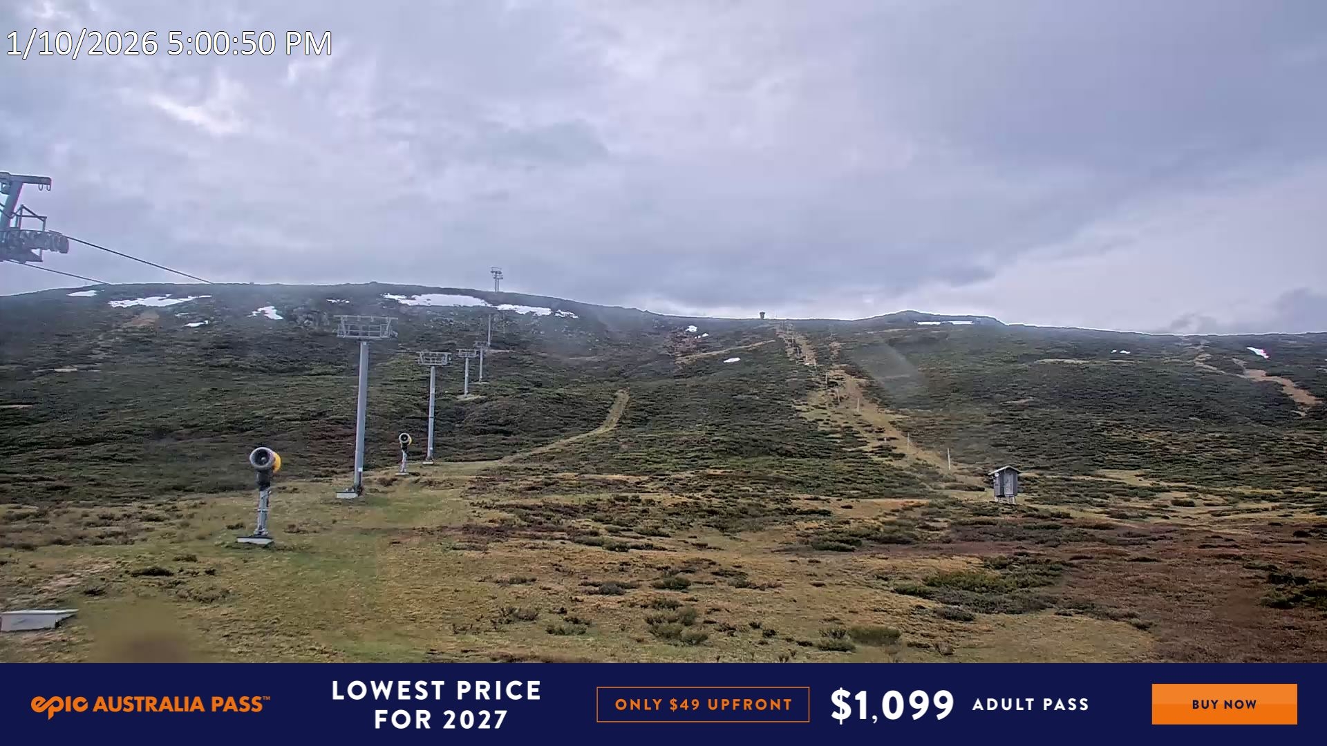 Falls Creek Ruined Castle snow cam captured at 1 October 2026 at 5:18 pm AEST