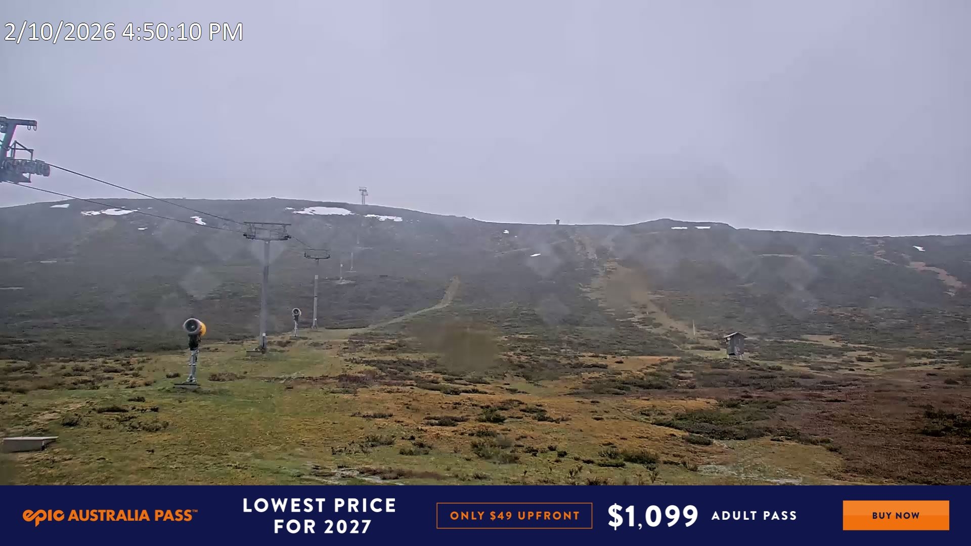 Falls Creek Ruined Castle snow cam captured at 2 October 2026 at 5:04 pm AEST