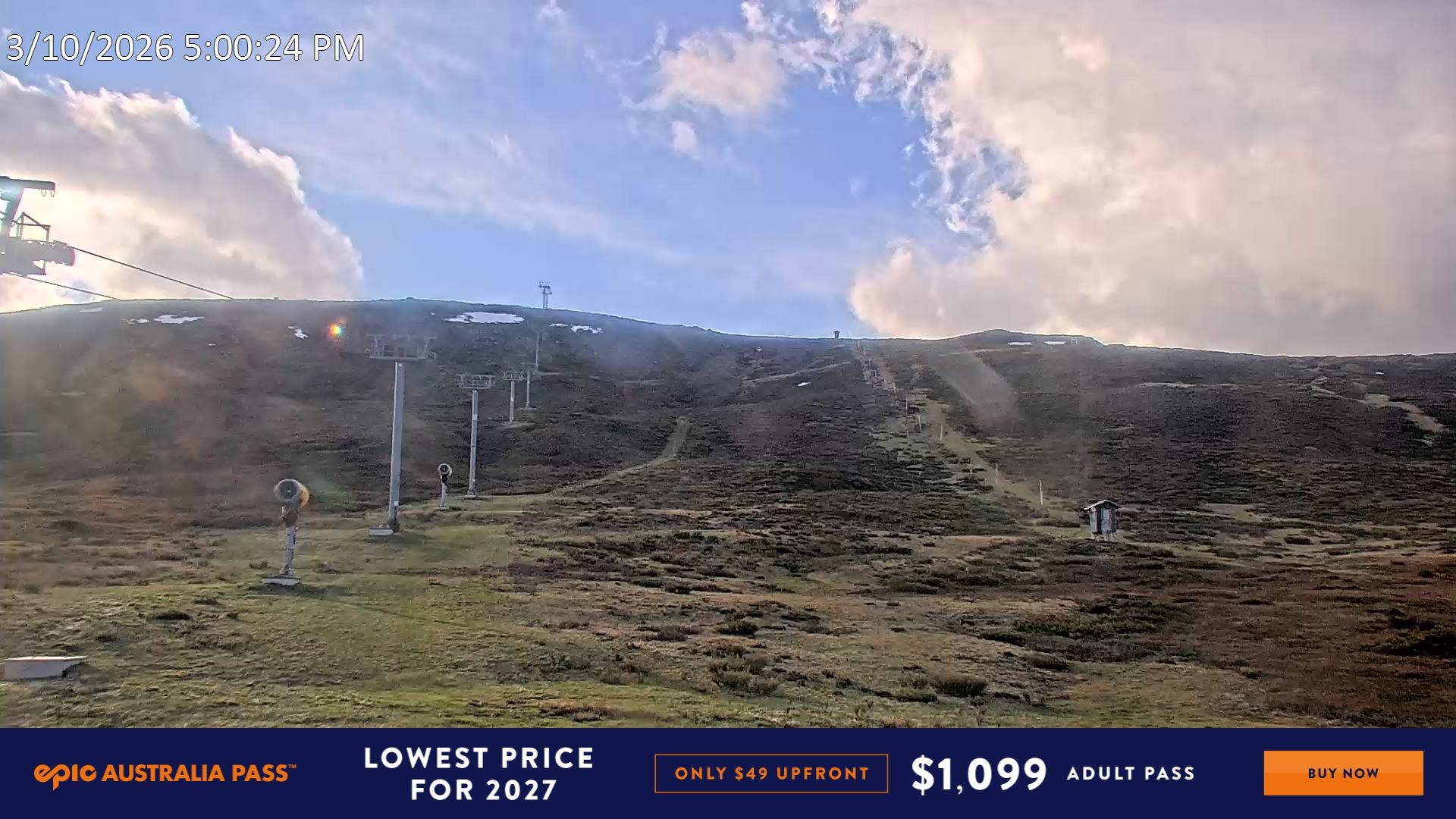 Falls Creek Ruined Castle snow cam captured at 3 October 2026 at 5:21 pm AEST