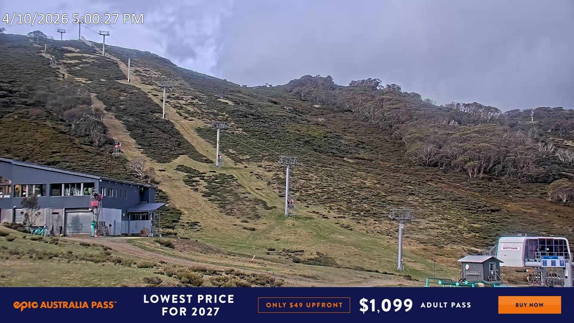 Falls Creek Ruined Castle snow cam captured at 4 October 2026 at 5:14 pm AEDT
