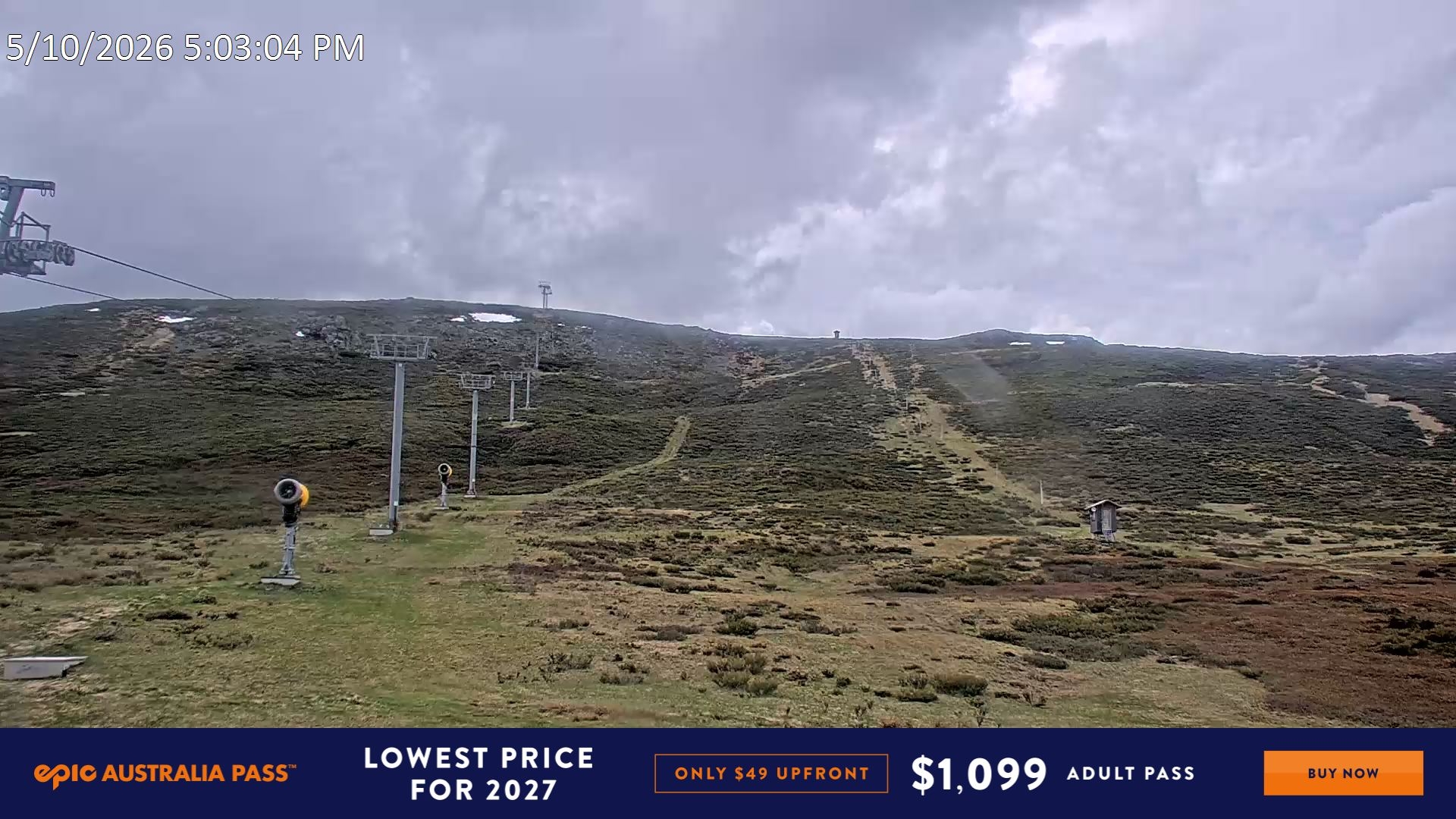Falls Creek Ruined Castle snow cam captured at 5 October 2026 at 5:10 pm AEDT
