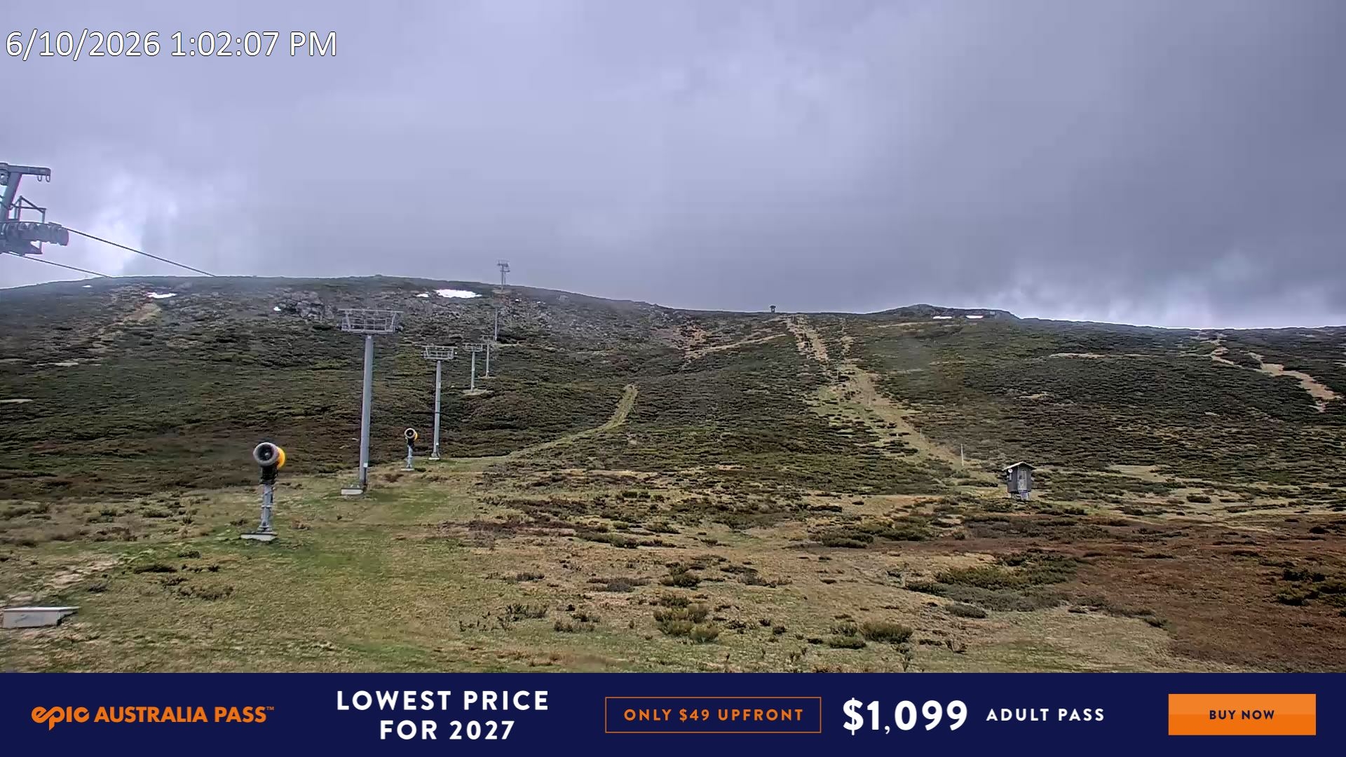 Falls Creek Ruined Castle snow cam captured at 6 October 2026 at 1:10 pm AEDT