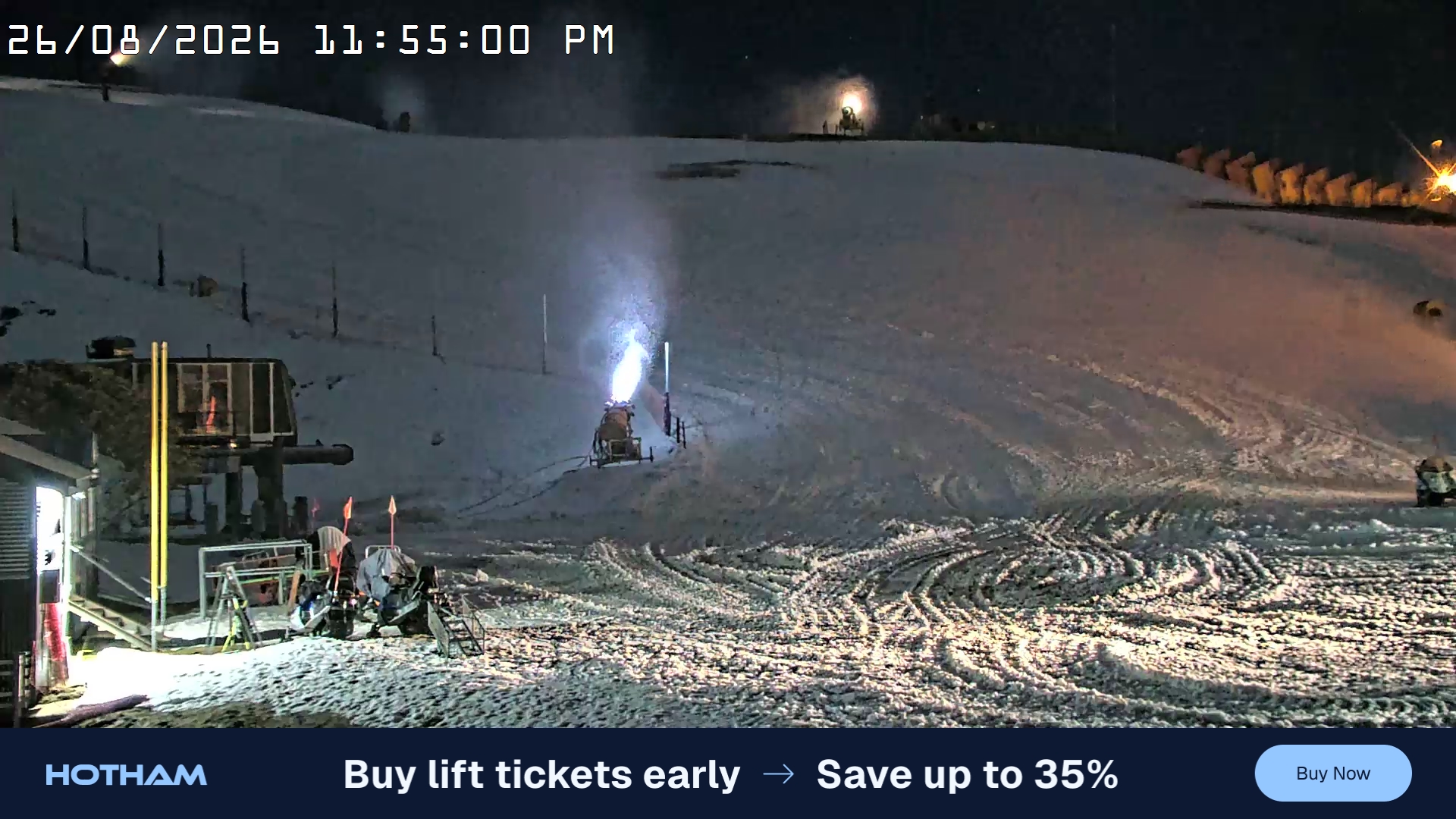 Mt Hotham Summit Trainer snow cam captured at 26 August 2026 at 11:55 pm AEST