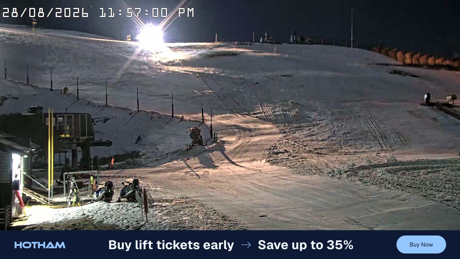 Mt Hotham Summit Trainer snow cam captured at 28 August 2026 at 11:57 pm AEST