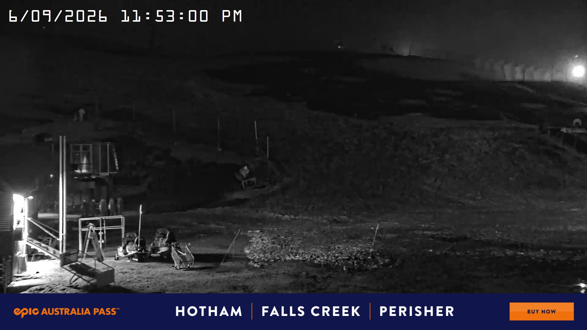 Mt Hotham Summit Trainer snow cam captured at 6 September 2026 at 11:53 pm AEST