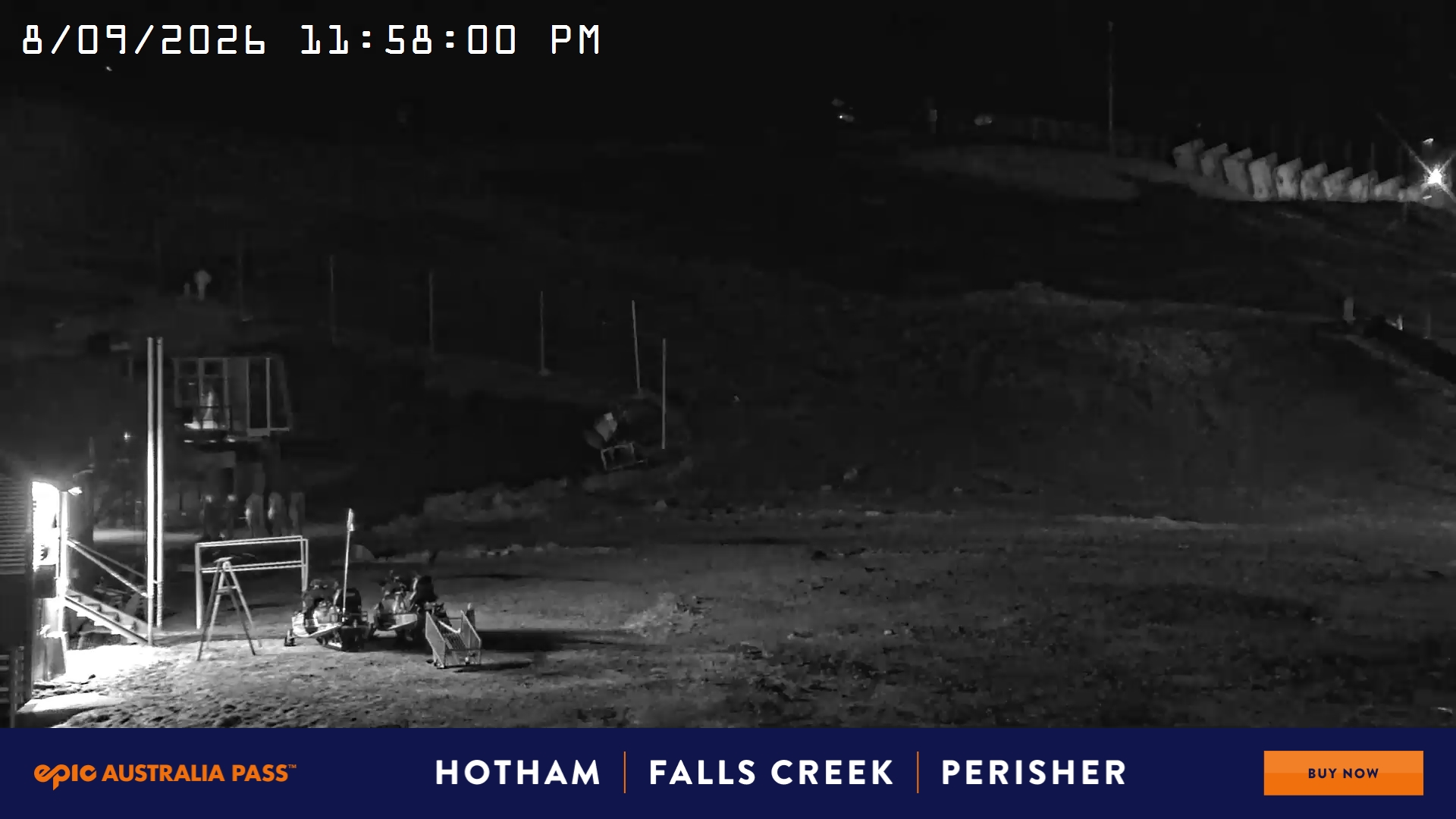 Mt Hotham Summit Trainer snow cam captured at 8 September 2026 at 11:58 pm AEST