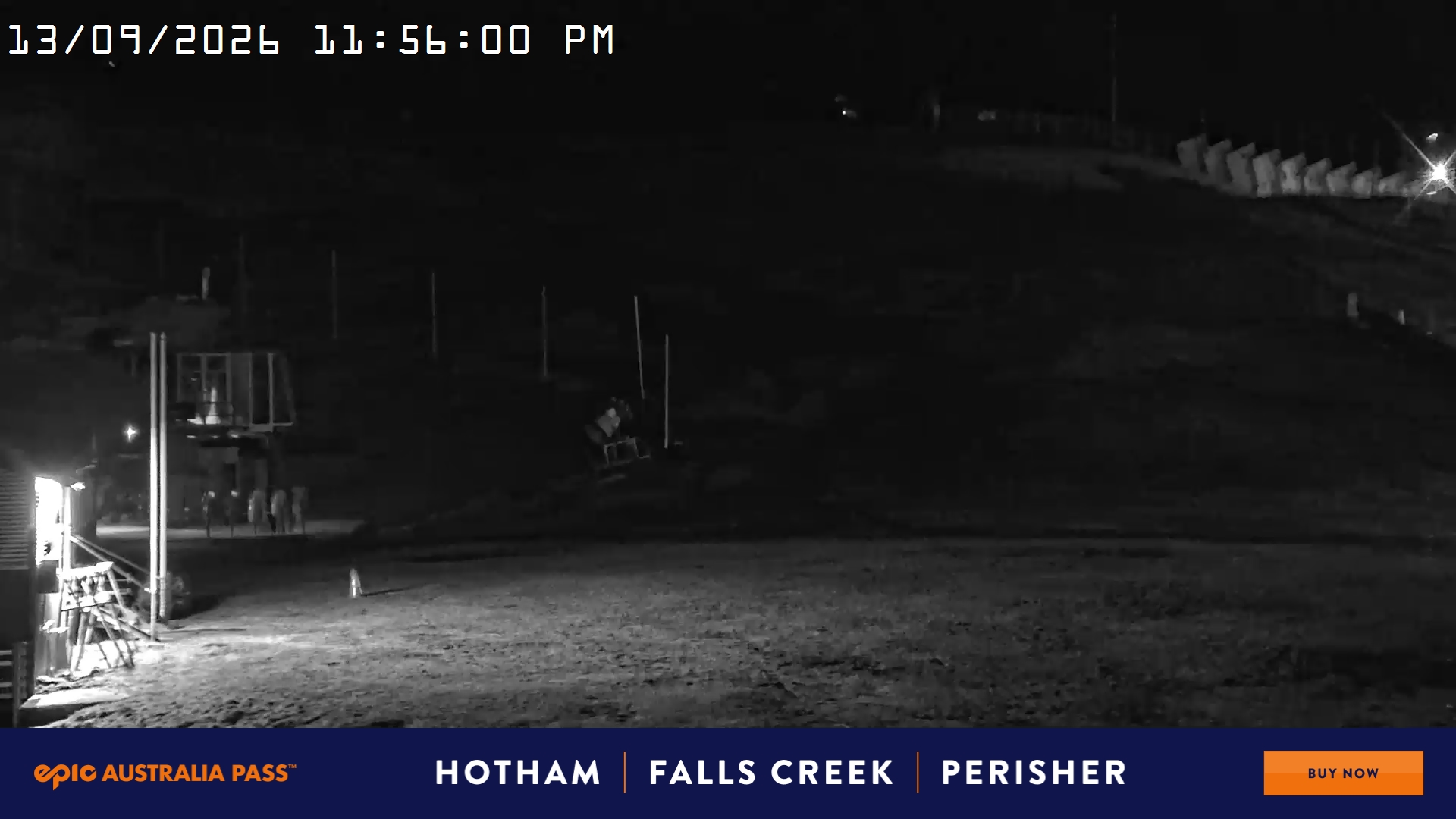 Mt Hotham Summit Trainer snow cam captured at 13 September 2026 at 11:57 pm AEST