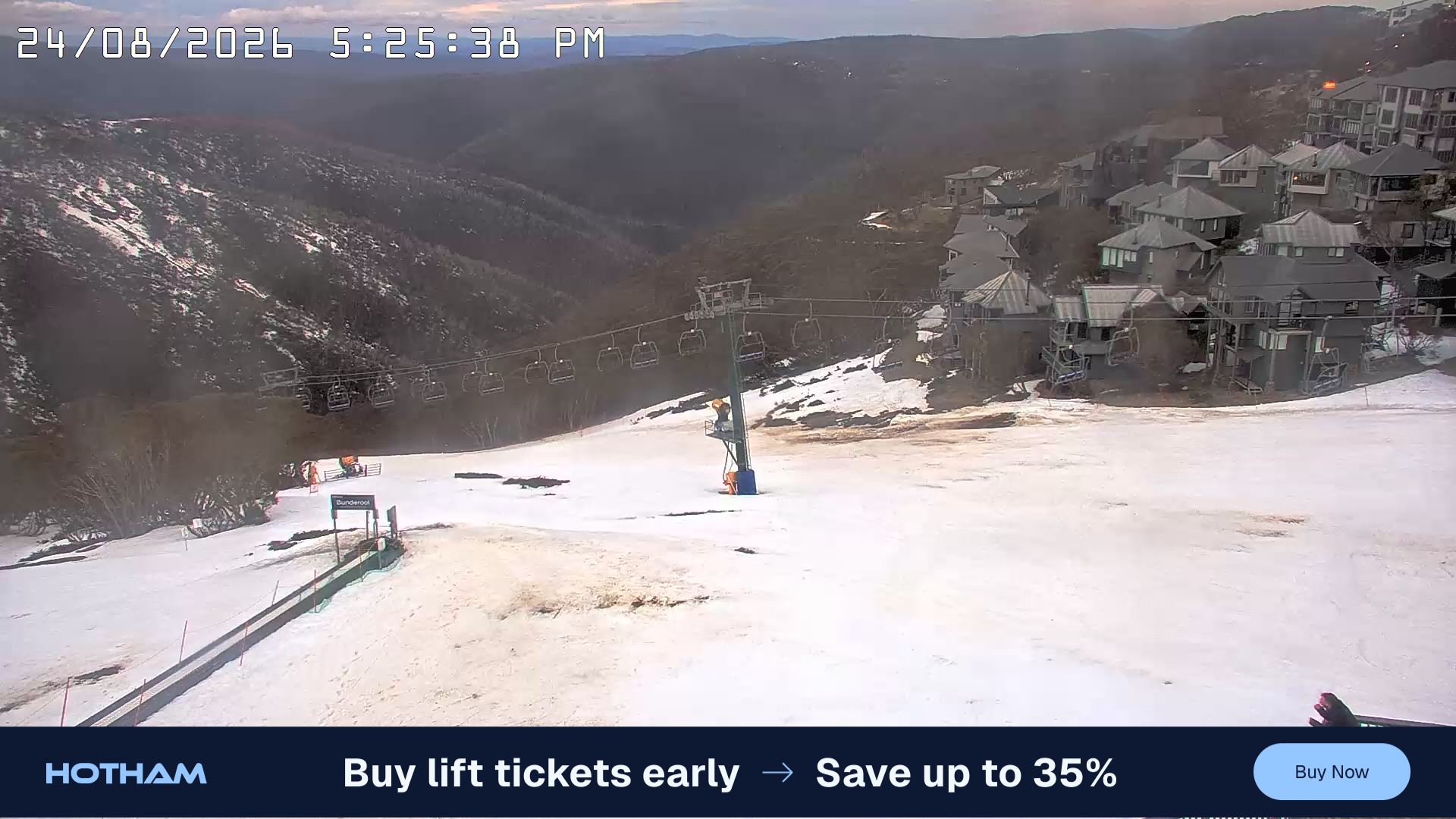 Mt Hotham Hotham Heights snow cam captured at 24 August 2026 at 5:30 pm AEST