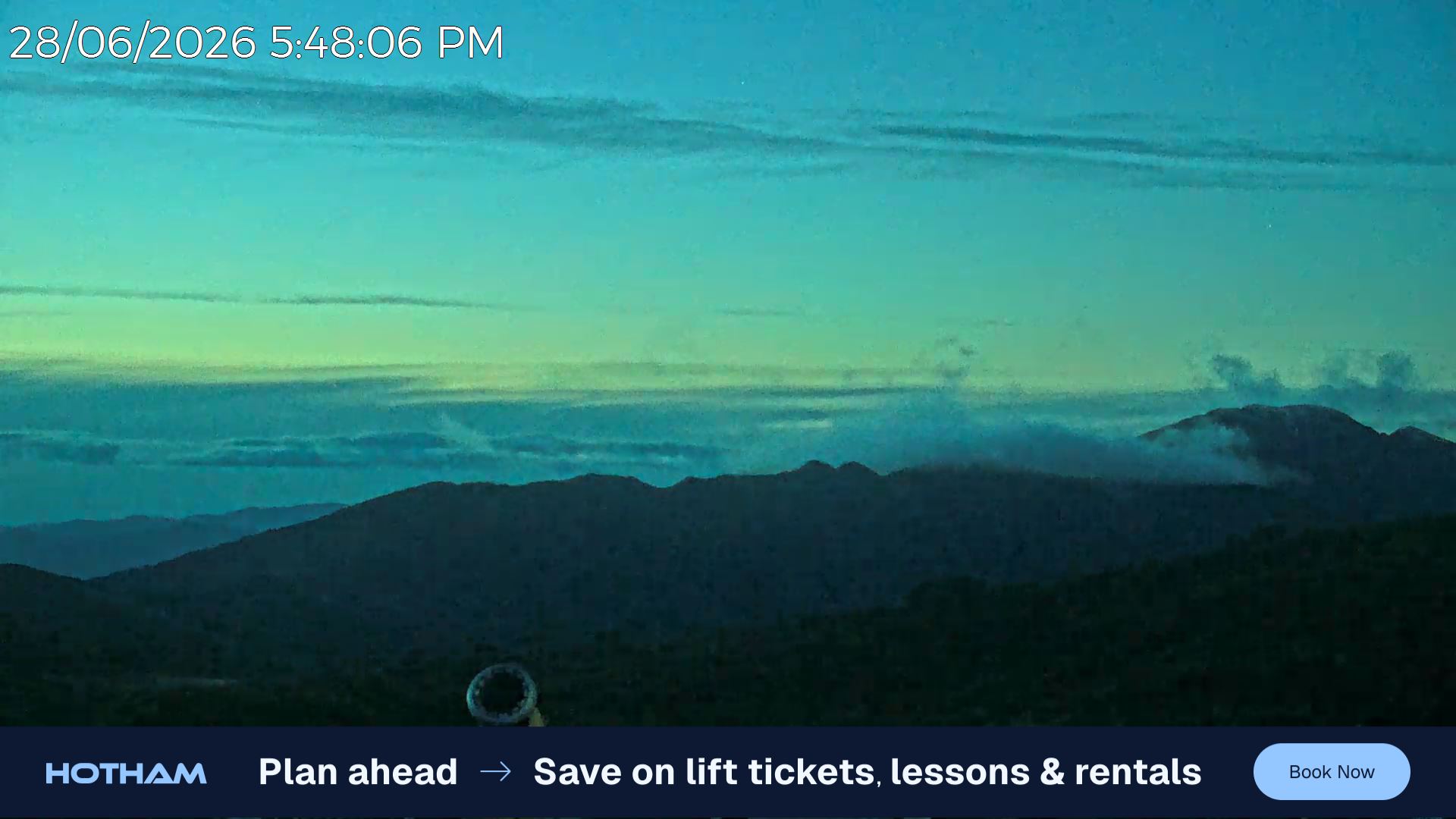Mt Hotham Razorback snow cam captured at 28 June 2026 at 5:49 pm AEST