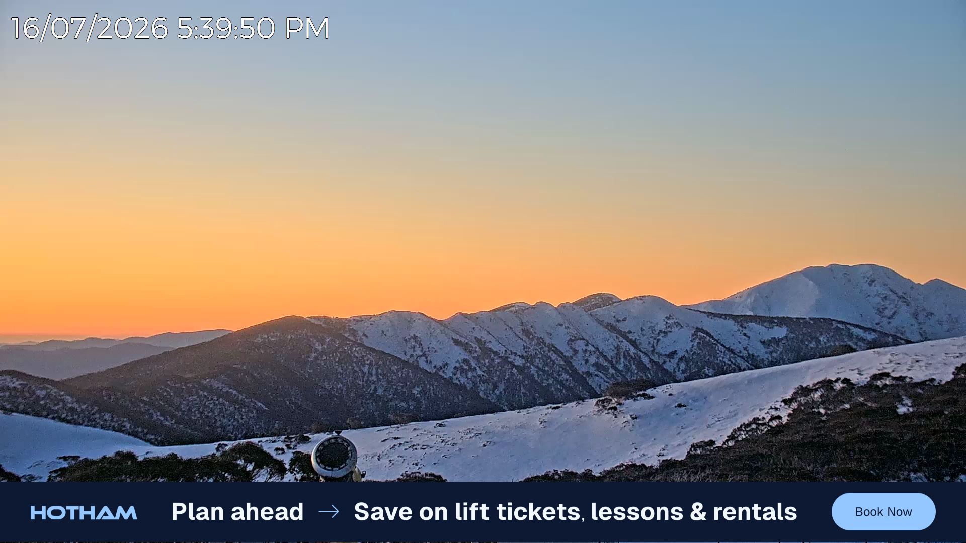 Mt Hotham Razorback snow cam captured at 16 July 2026 at 5:41 pm AEST