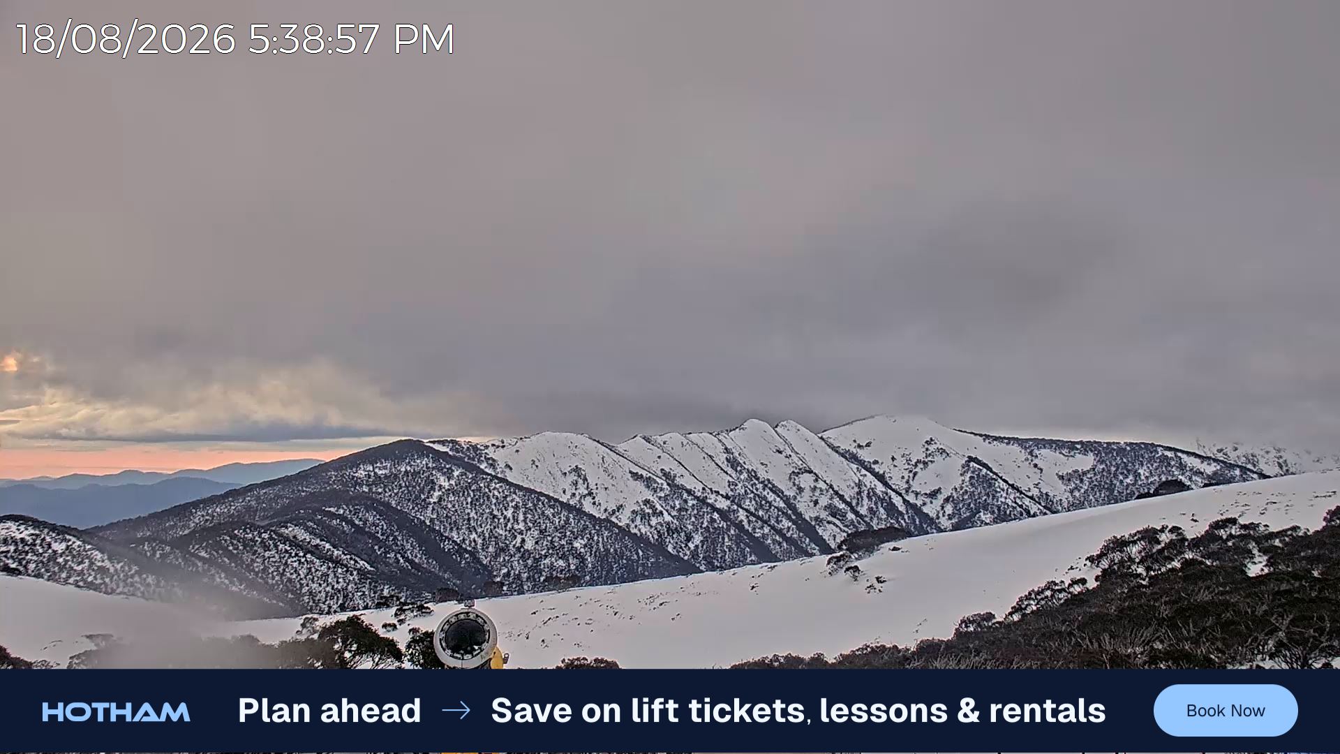 Mt Hotham Razorback snow cam captured at 18 August 2026 at 5:41 pm AEST