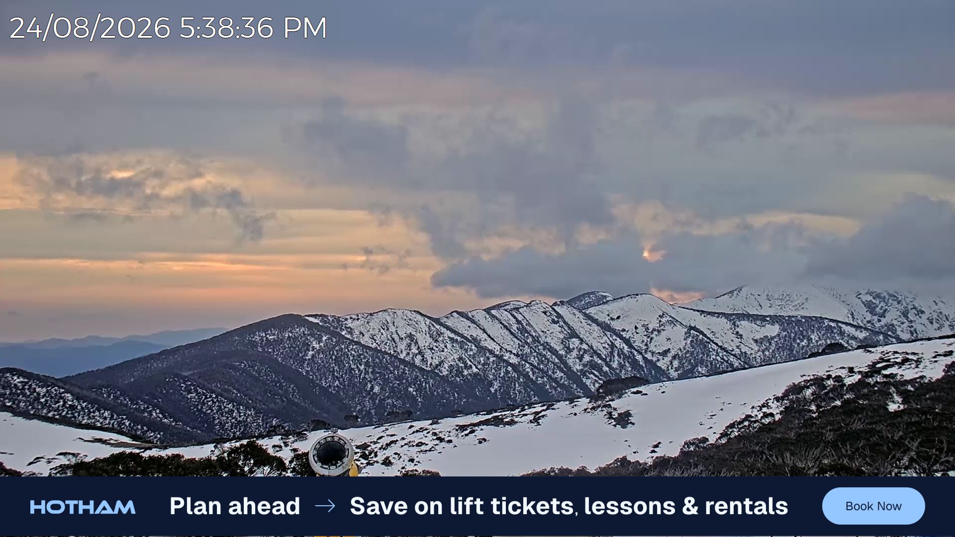 Mt Hotham Razorback snow cam captured at 24 August 2026 at 5:47 pm AEST