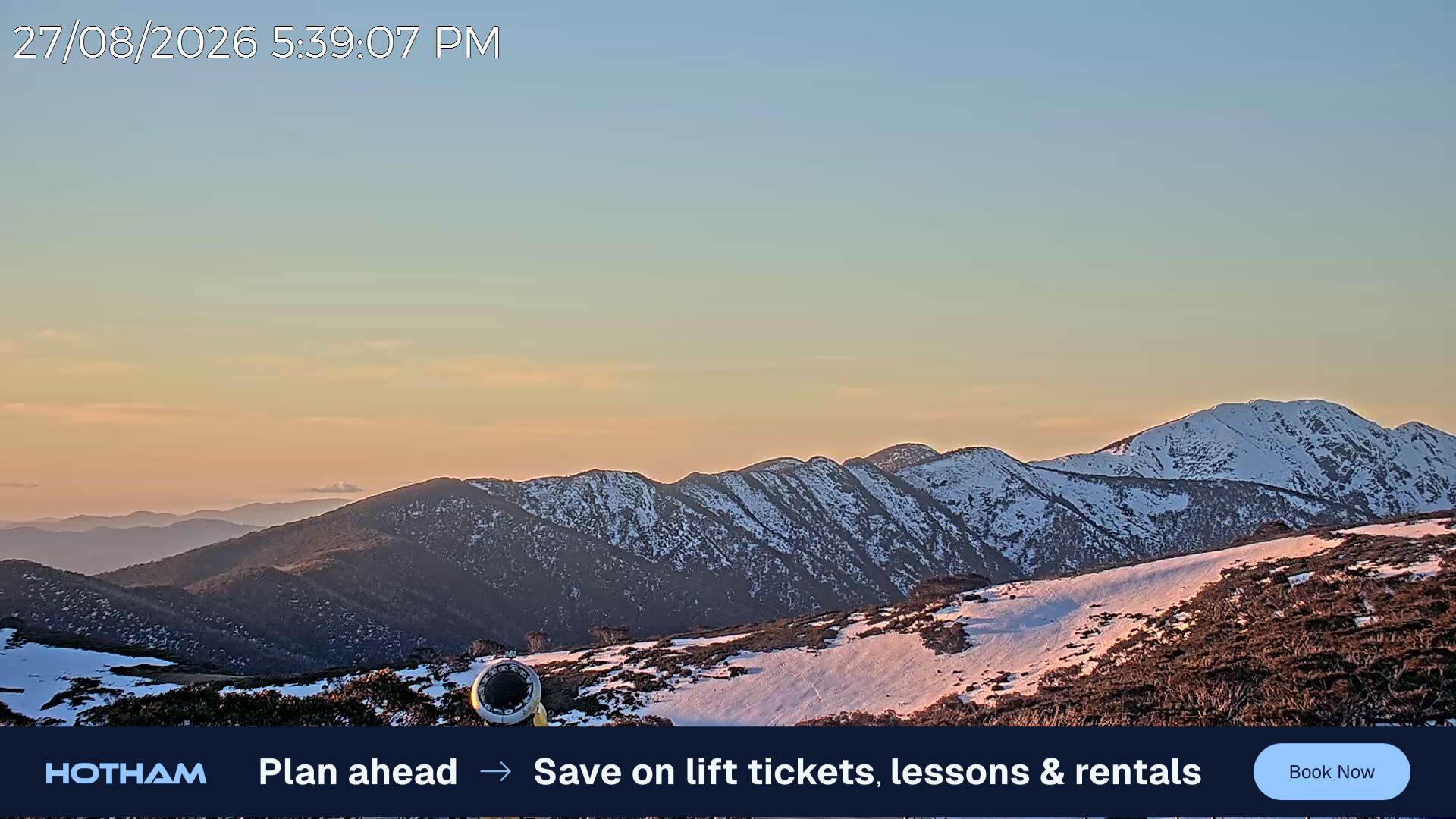 Mt Hotham Razorback snow cam captured at 27 August 2026 at 5:39 pm AEST