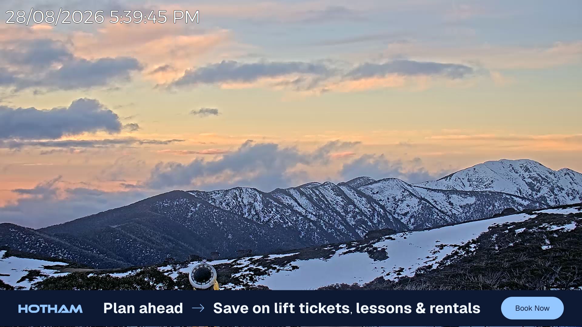Mt Hotham Razorback snow cam captured at 28 August 2026 at 5:40 pm AEST