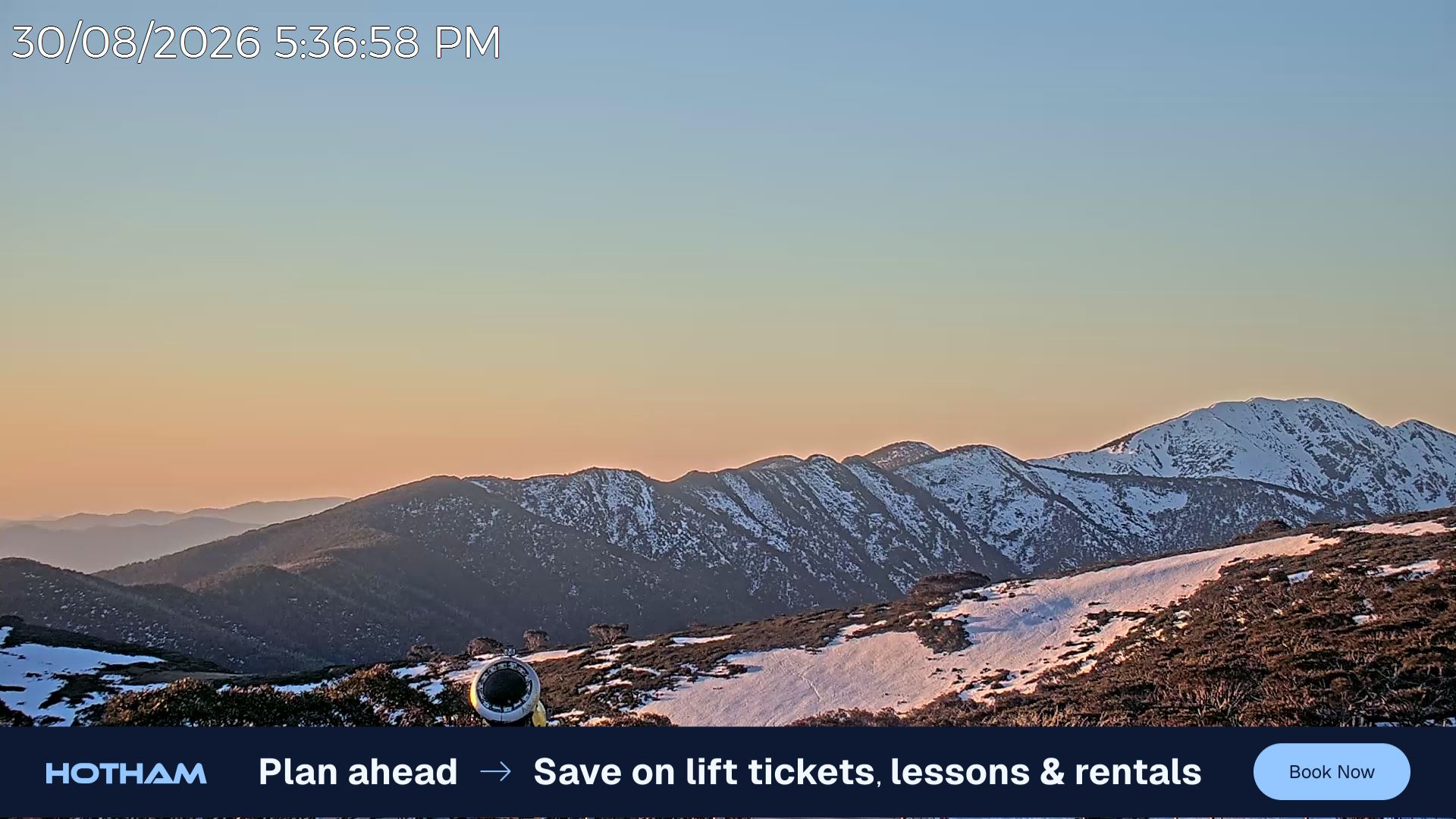 Mt Hotham Razorback snow cam captured at 30 August 2026 at 5:43 pm AEST