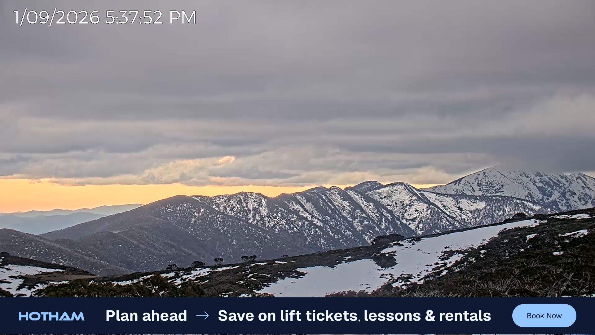 Mt Hotham Razorback snow cam captured at 1 September 2026 at 5:41 pm AEST