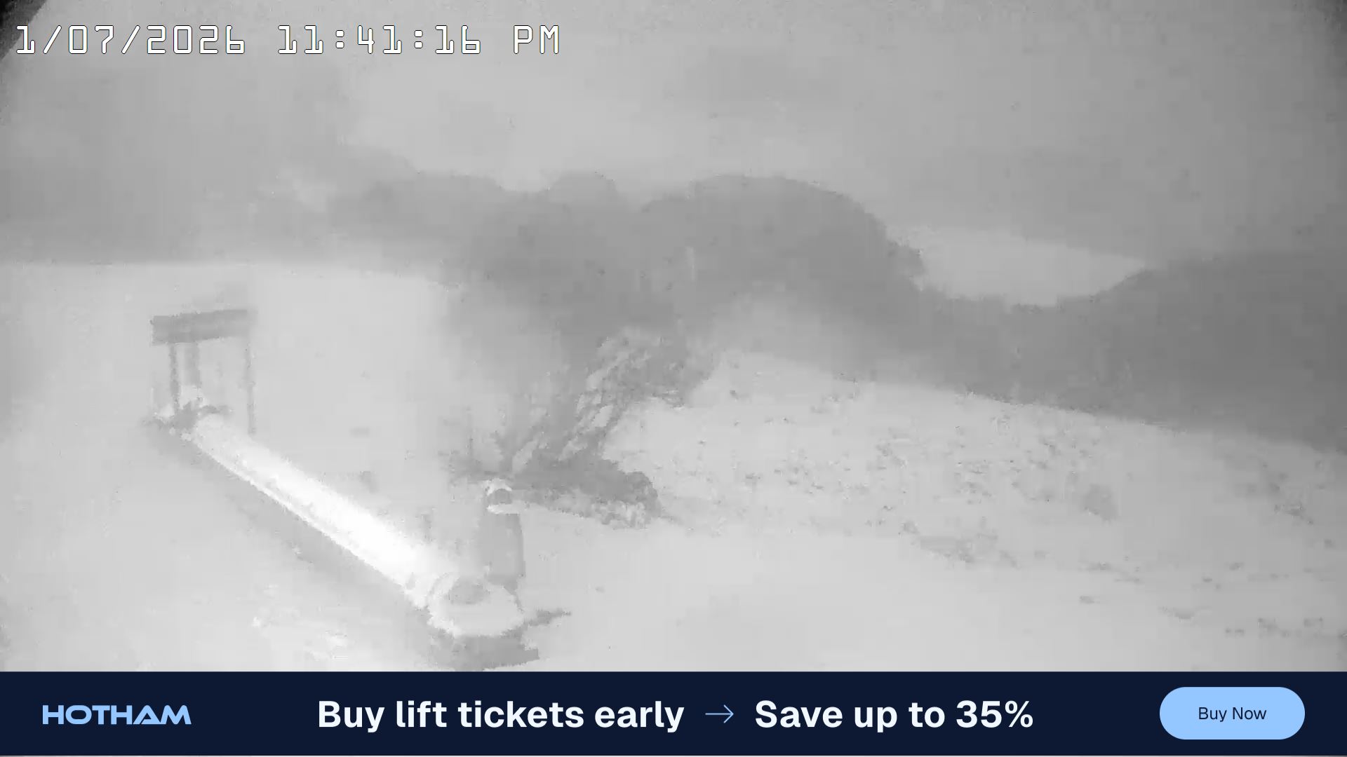 Mt Hotham Pup's and Sun Run snow cam captured at 1 July 2026 at 11:41 pm AEST