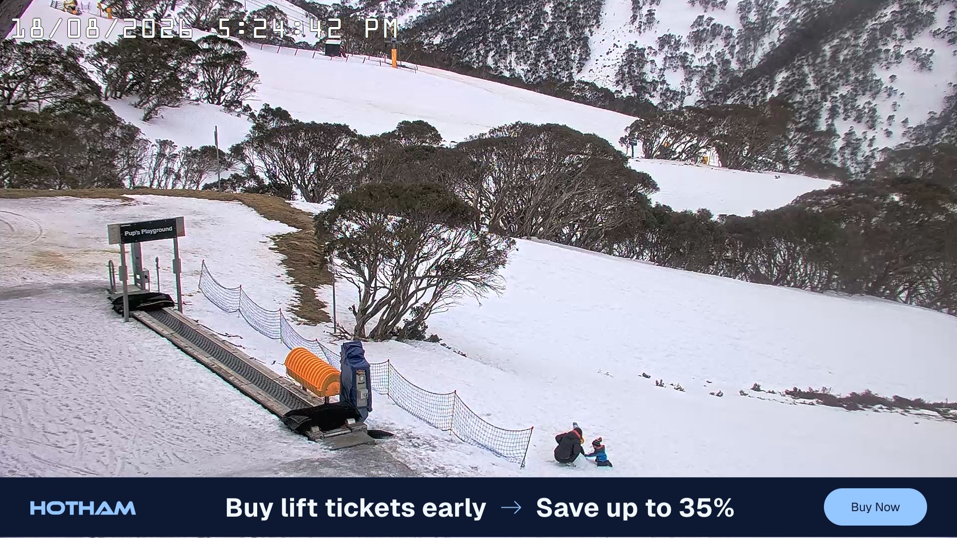 Mt Hotham Pup's and Sun Run snow cam captured at 18 August 2026 at 5:33 pm AEST