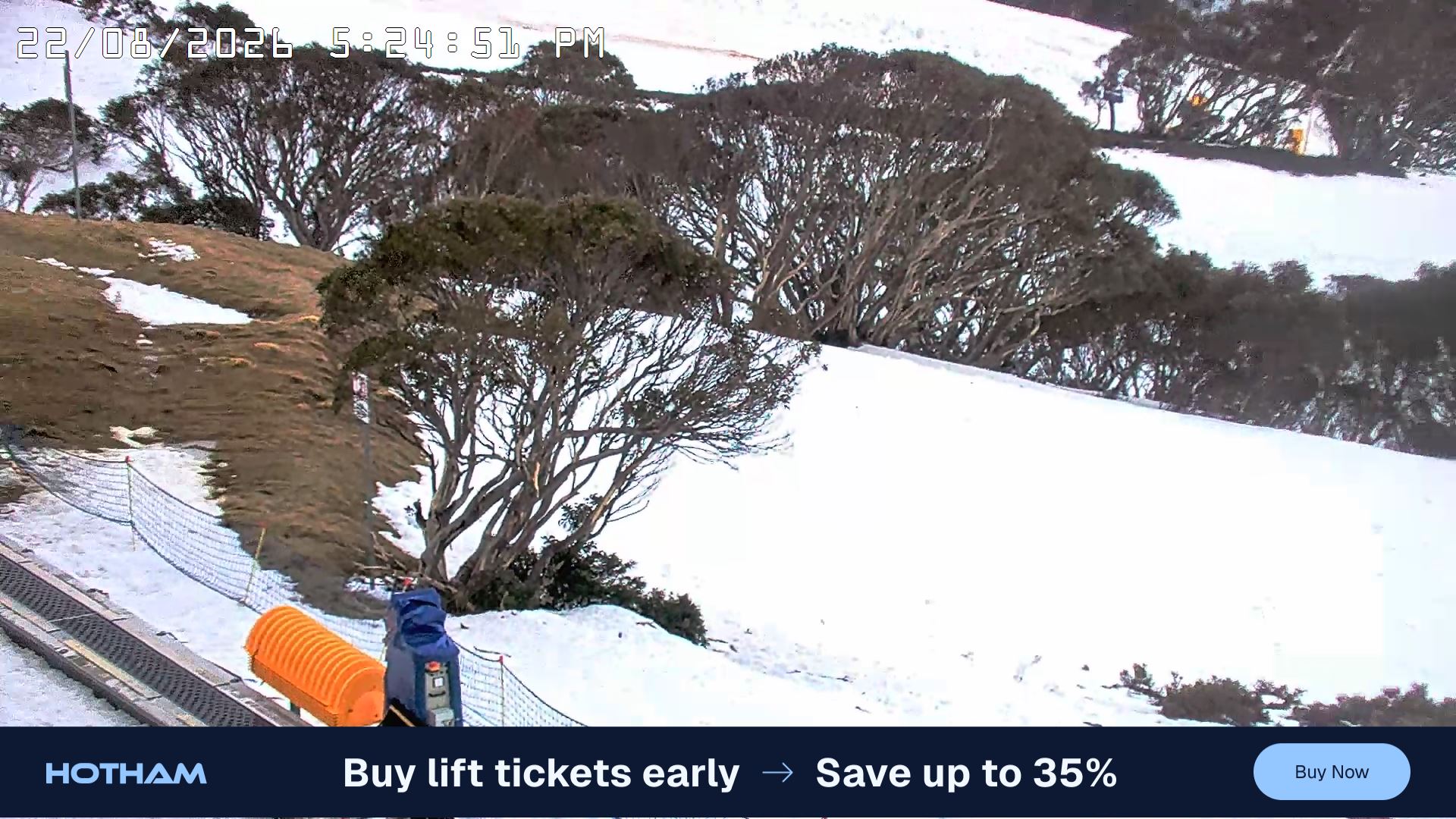 Mt Hotham Pup's and Sun Run snow cam captured at 22 August 2026 at 5:28 pm AEST