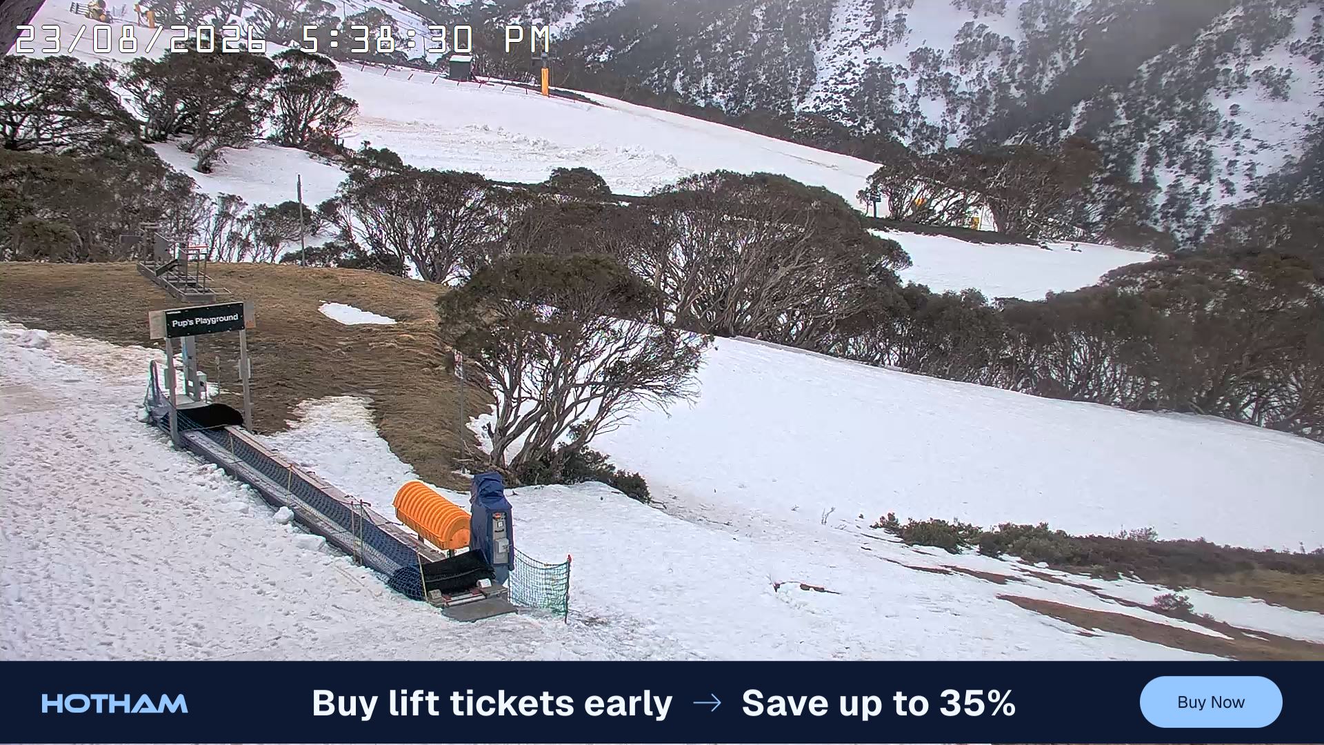 Mt Hotham Pup's and Sun Run snow cam captured at 23 August 2026 at 5:40 pm AEST