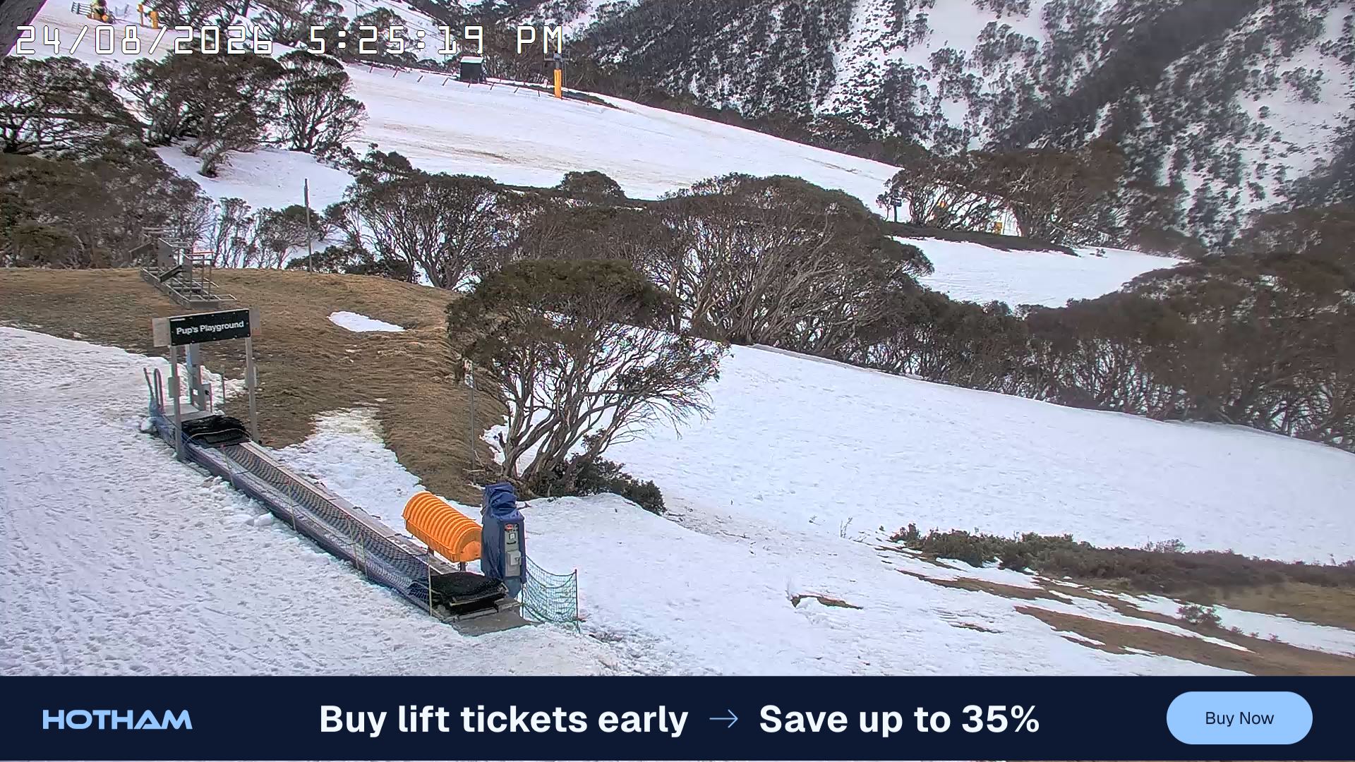 Mt Hotham Pup's and Sun Run snow cam captured at 24 August 2026 at 5:30 pm AEST