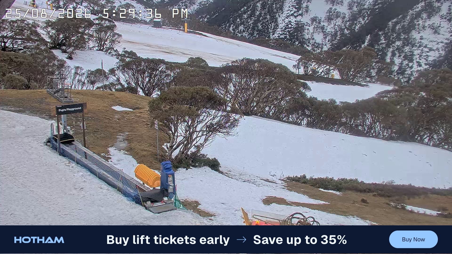 Mt Hotham Pup's and Sun Run snow cam captured at 25 August 2026 at 5:31 pm AEST