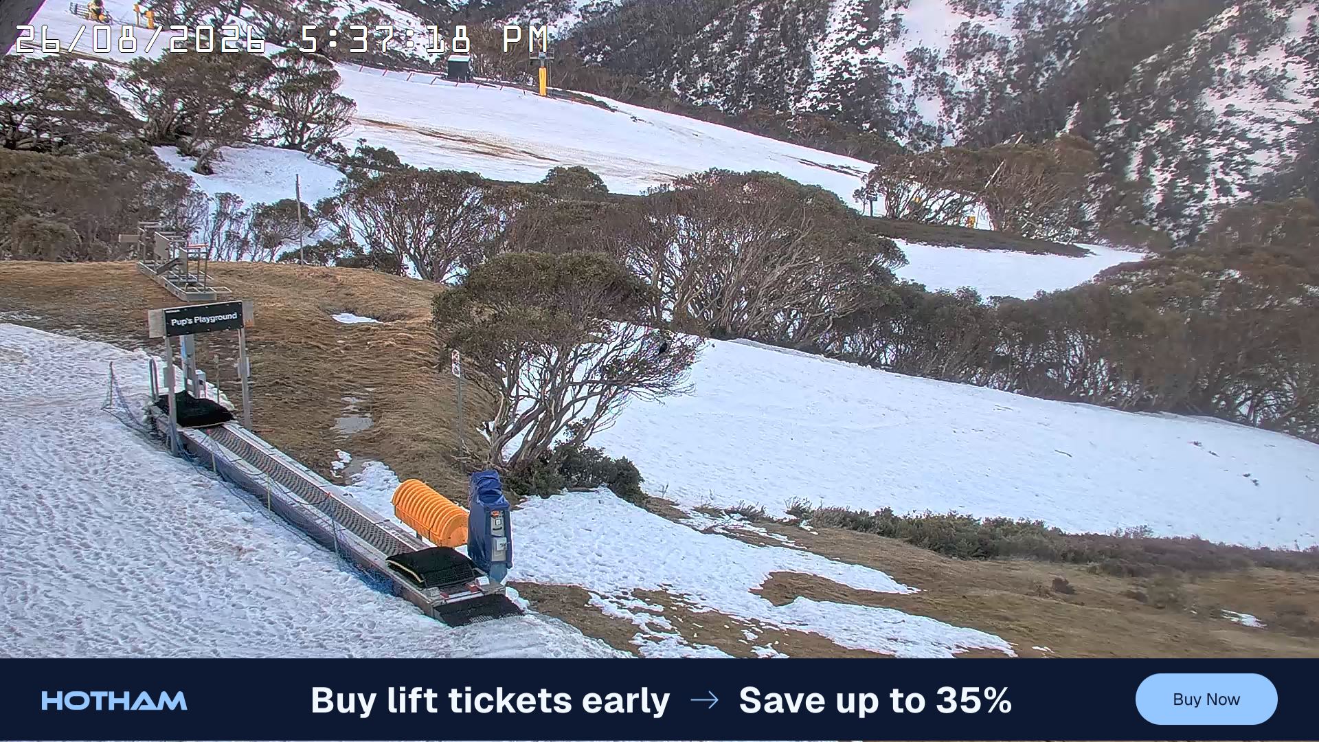 Mt Hotham Pup's and Sun Run snow cam captured at 26 August 2026 at 5:43 pm AEST
