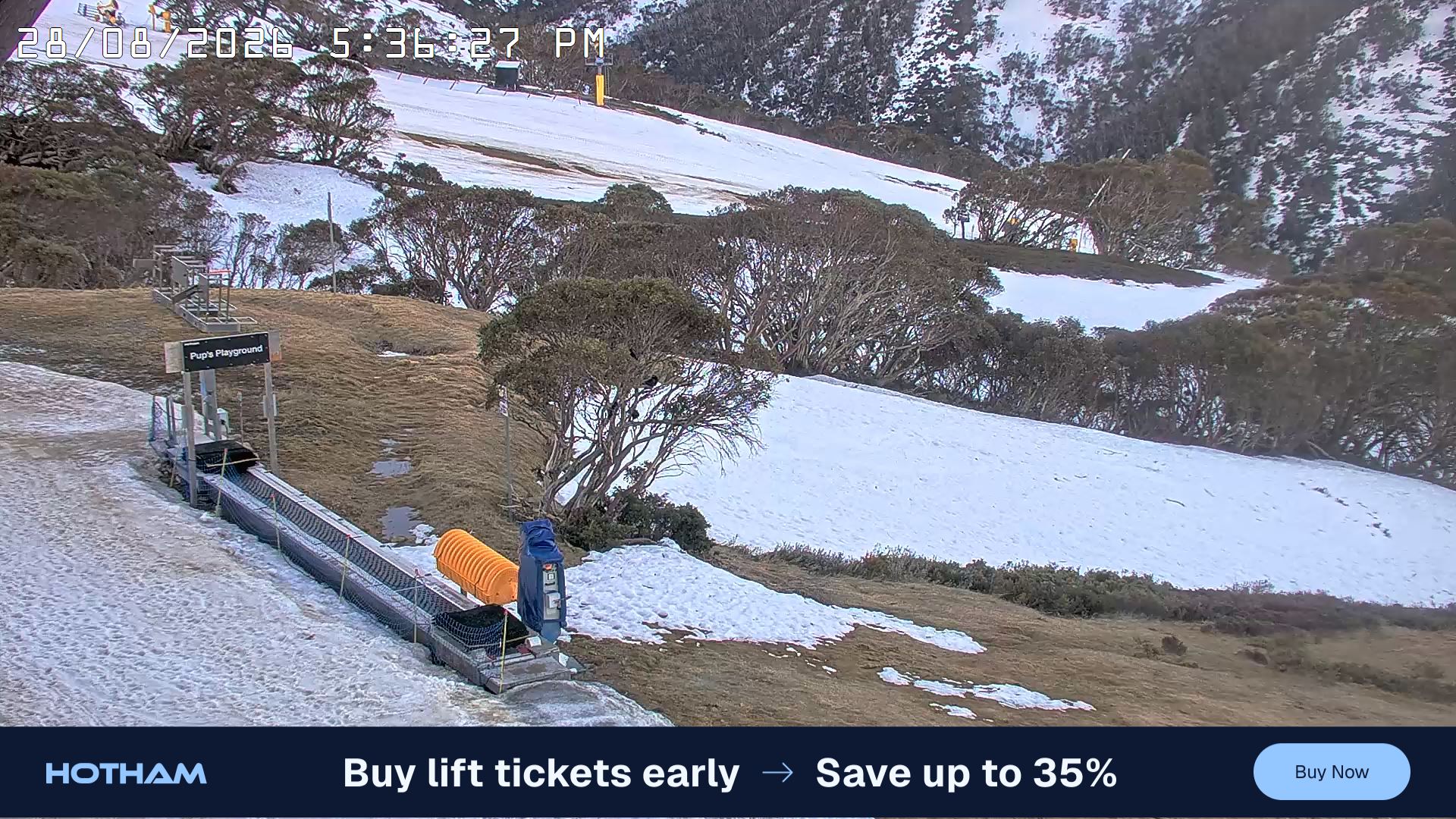 Mt Hotham Pup's and Sun Run snow cam captured at 28 August 2026 at 5:45 pm AEST