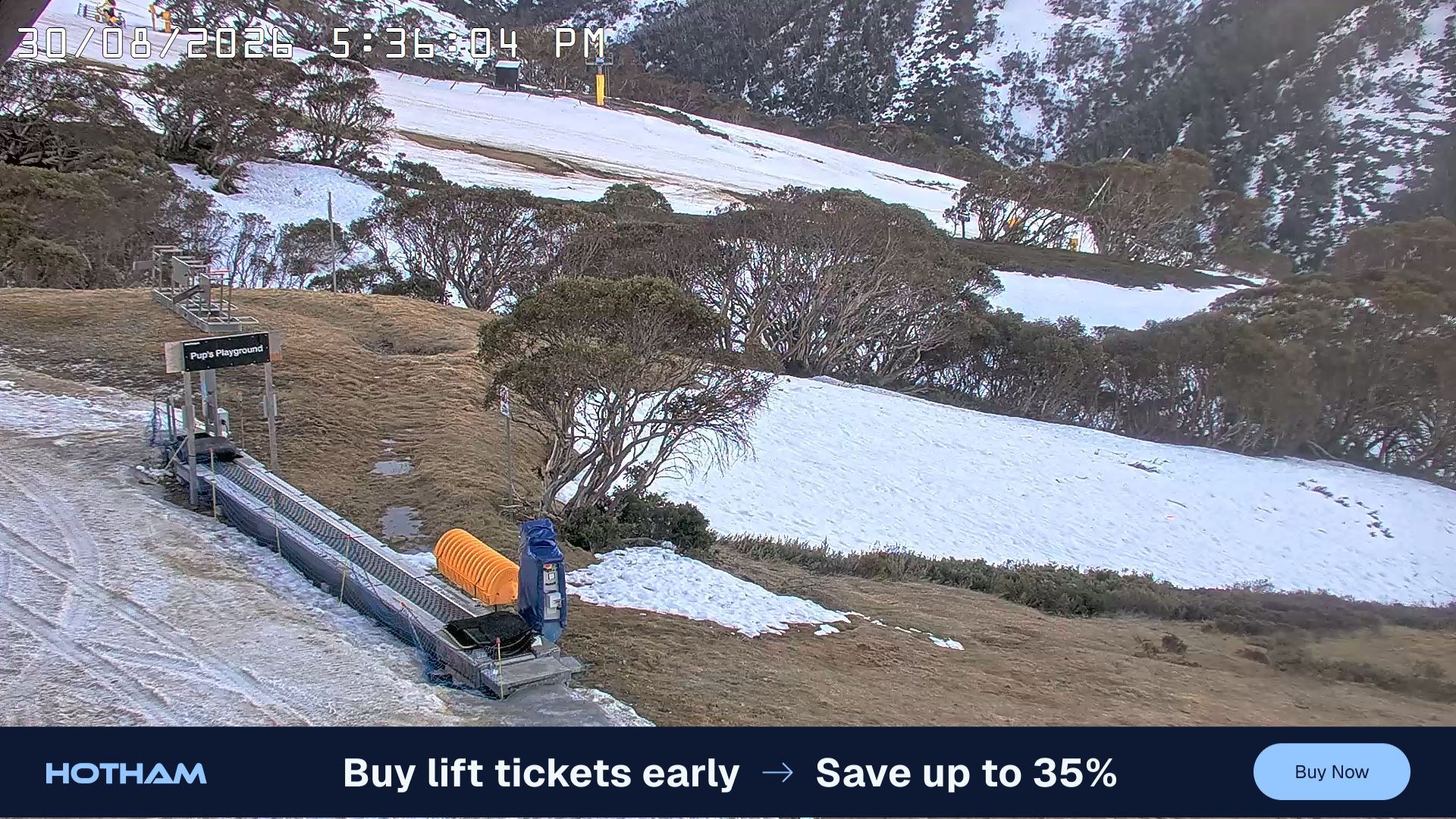 Mt Hotham Pup's and Sun Run snow cam captured at 30 August 2026 at 5:38 pm AEST