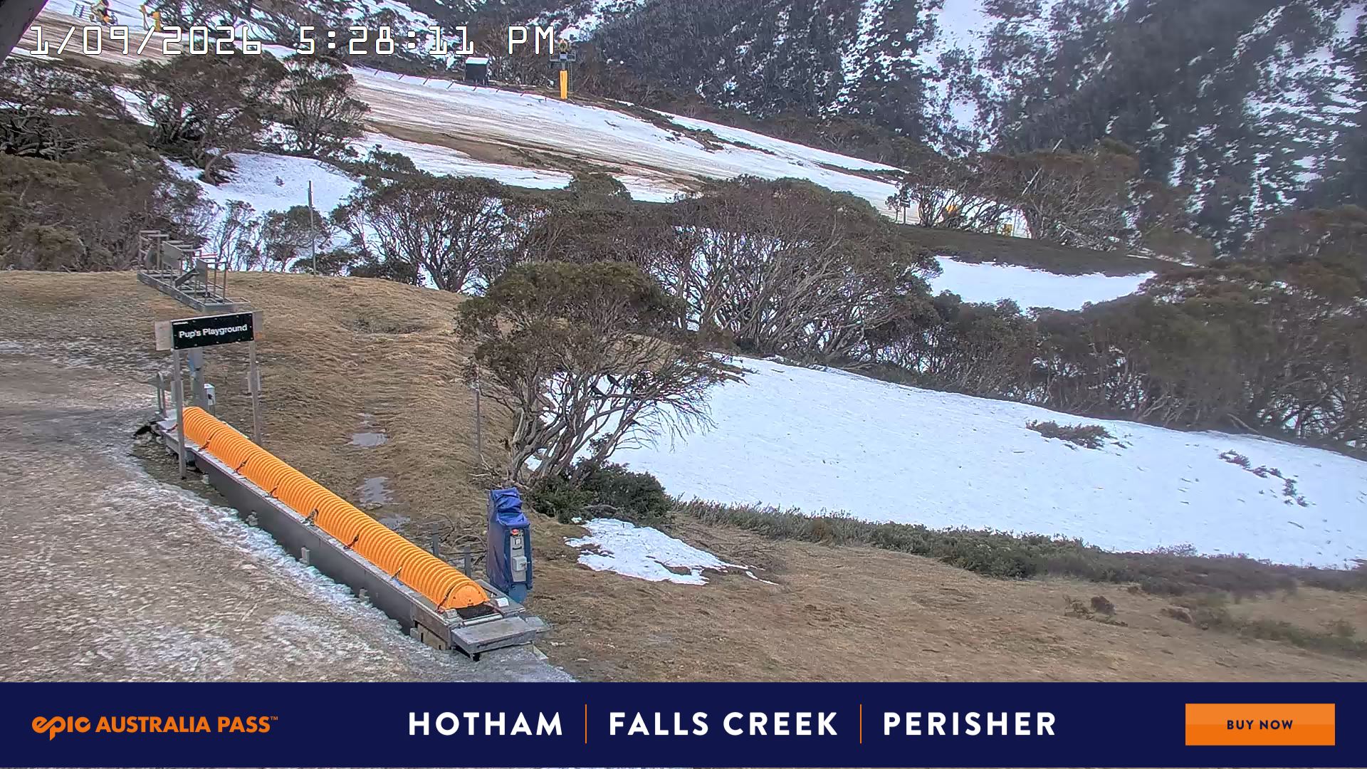 Mt Hotham Pup's and Sun Run snow cam captured at 1 September 2026 at 5:41 pm AEST