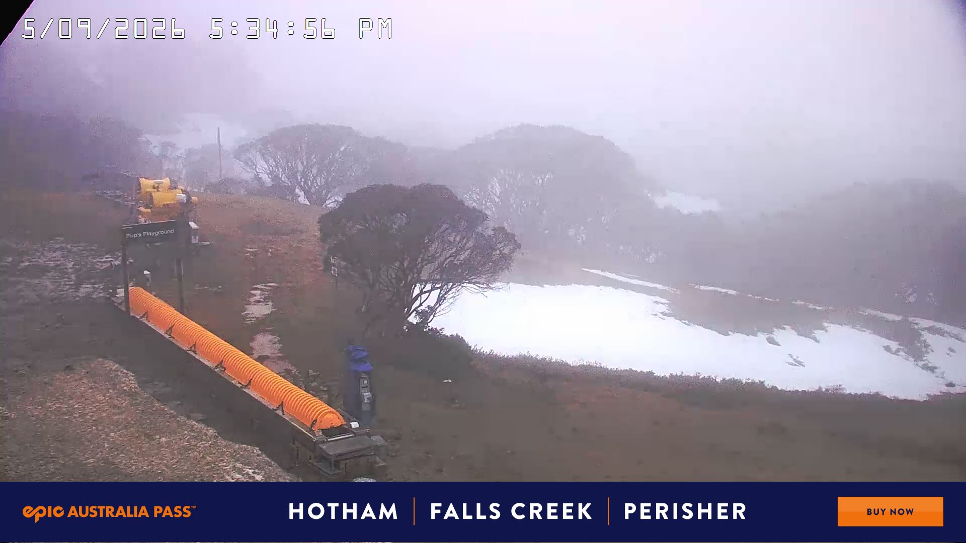 Mt Hotham Pup's and Sun Run snow cam captured at 5 September 2026 at 5:38 pm AEST