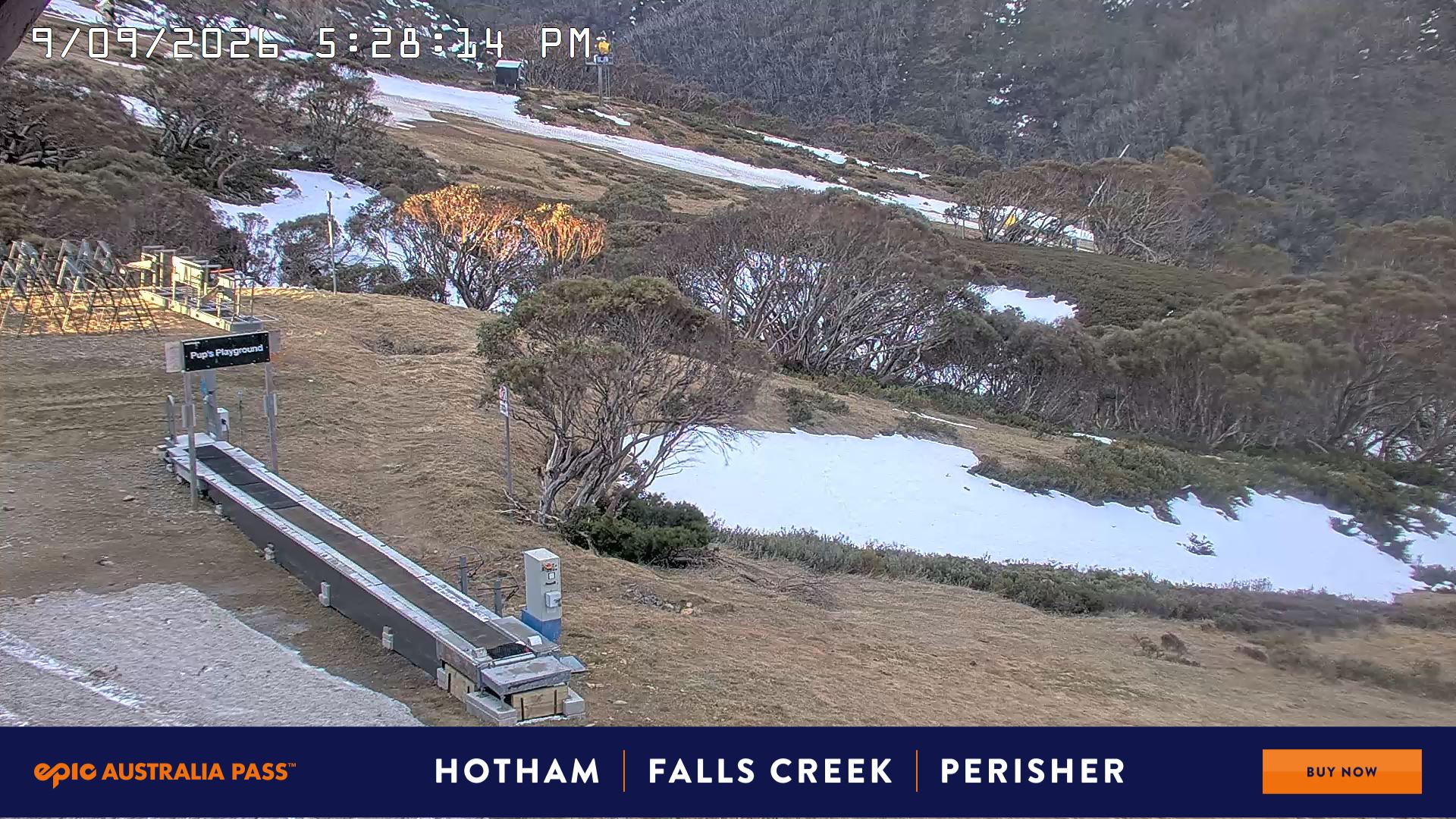 Mt Hotham Pup's and Sun Run snow cam captured at 9 September 2026 at 5:34 pm AEST
