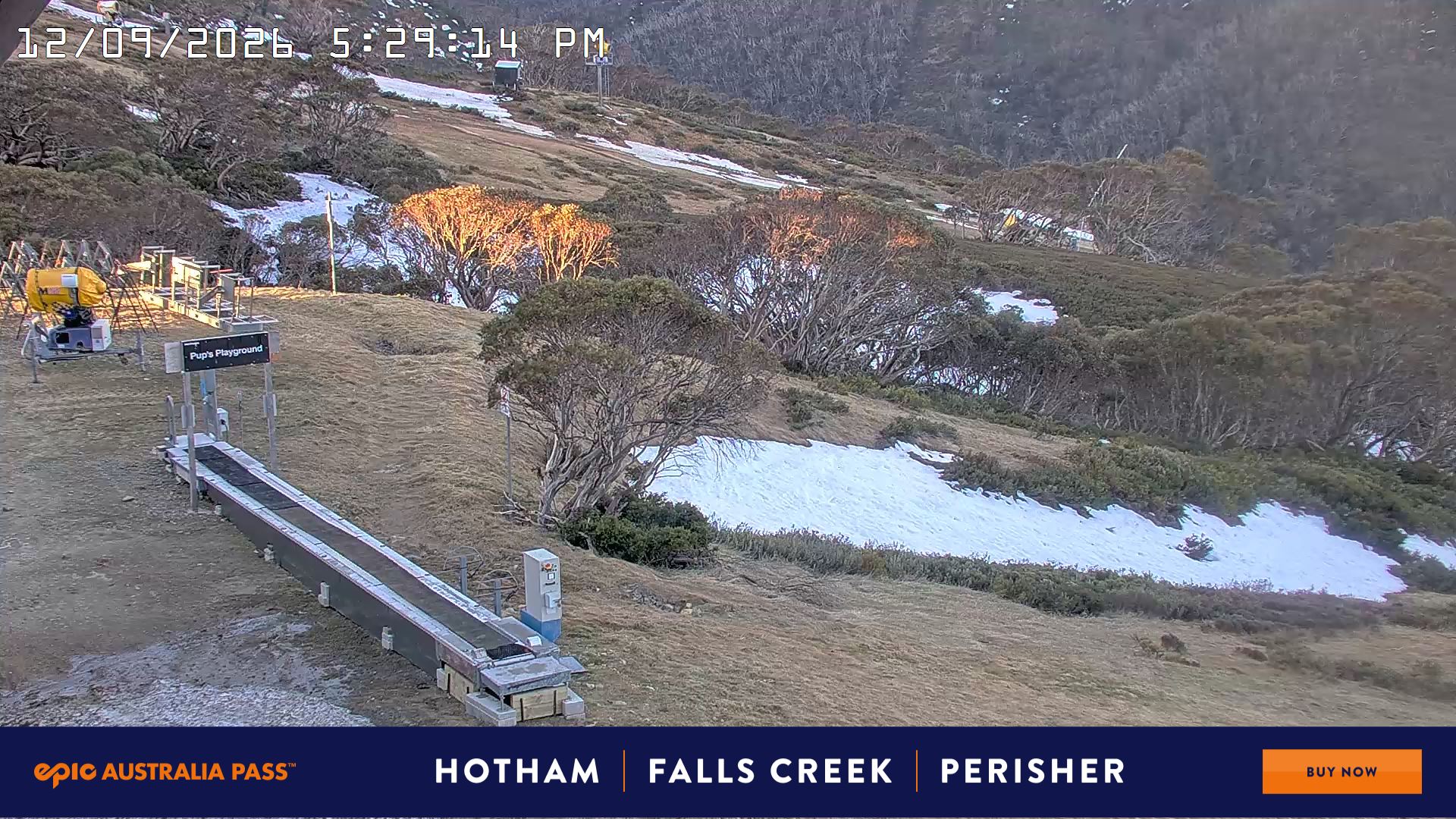Mt Hotham Pup's and Sun Run snow cam captured at 12 September 2026 at 5:37 pm AEST