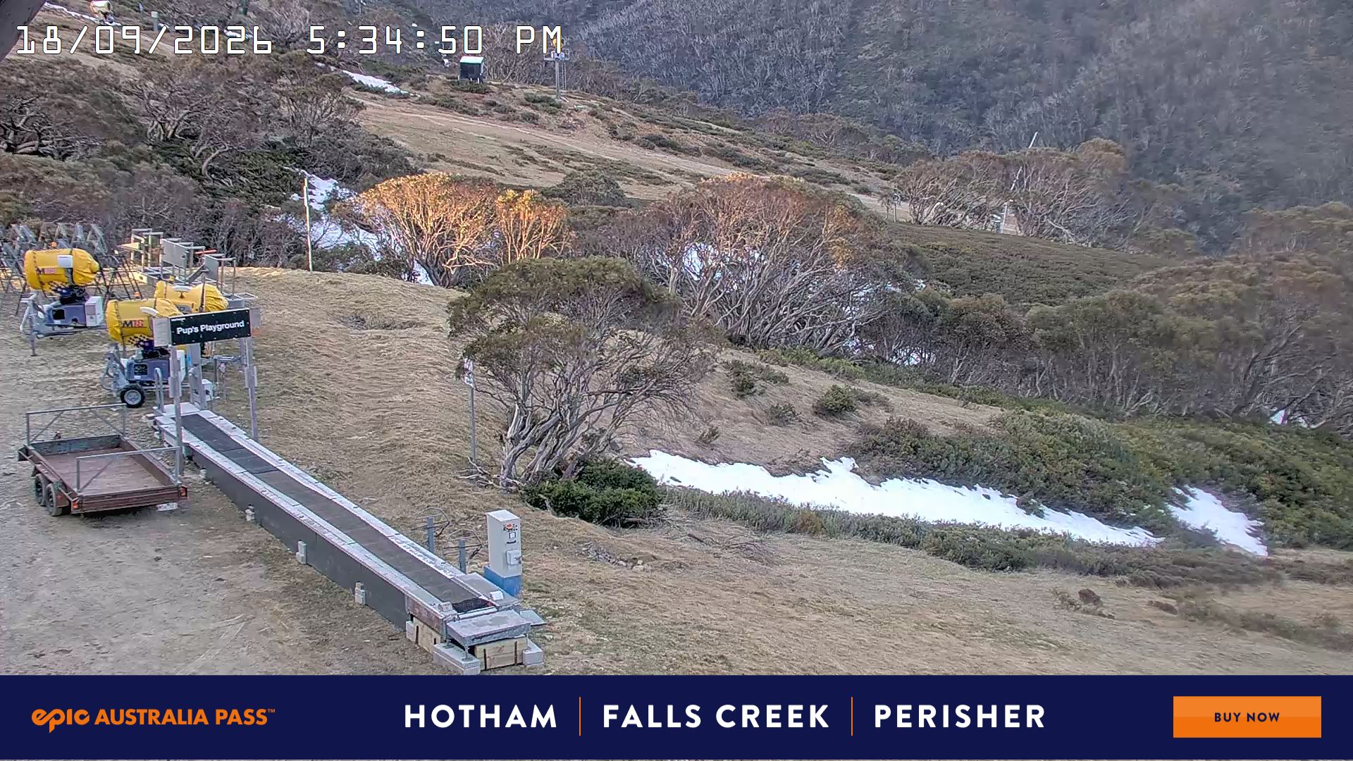 Mt Hotham Pup's and Sun Run snow cam captured at 18 September 2026 at 5:35 pm AEST