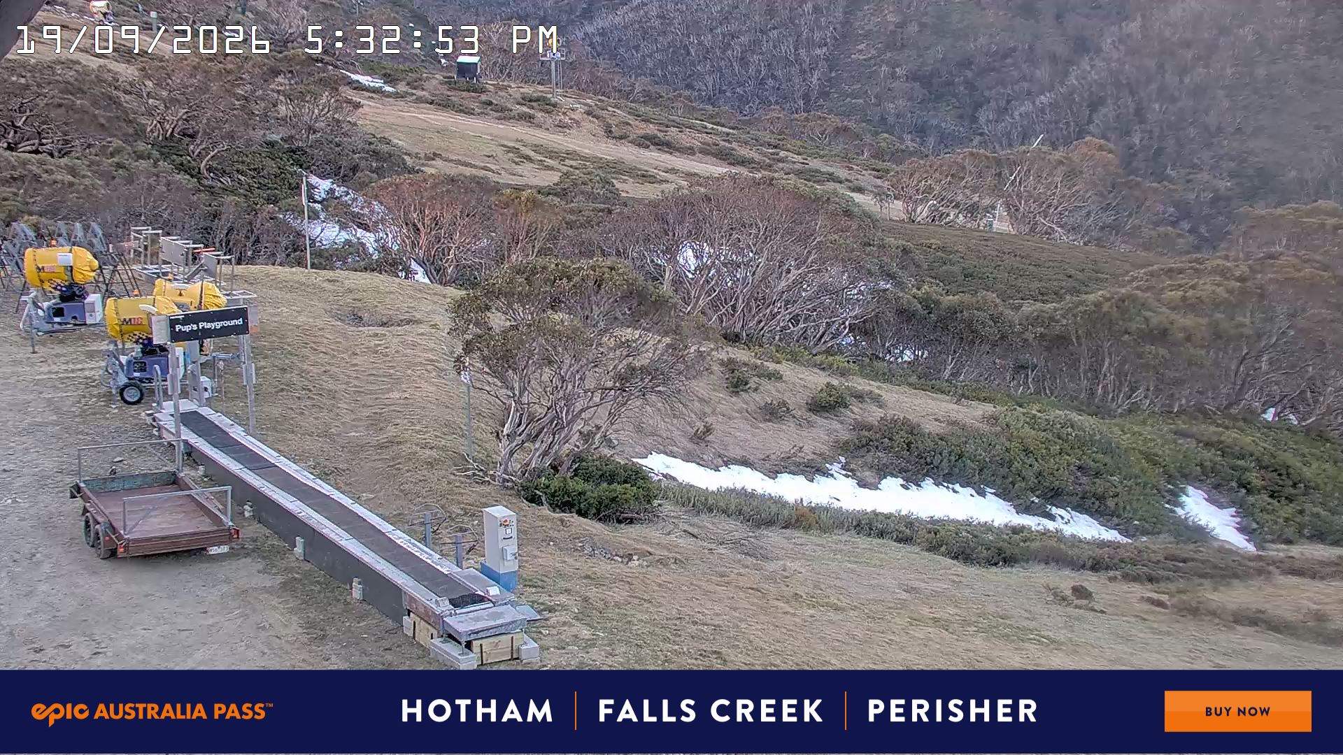 Mt Hotham Pup's and Sun Run snow cam captured at 19 September 2026 at 5:36 pm AEST